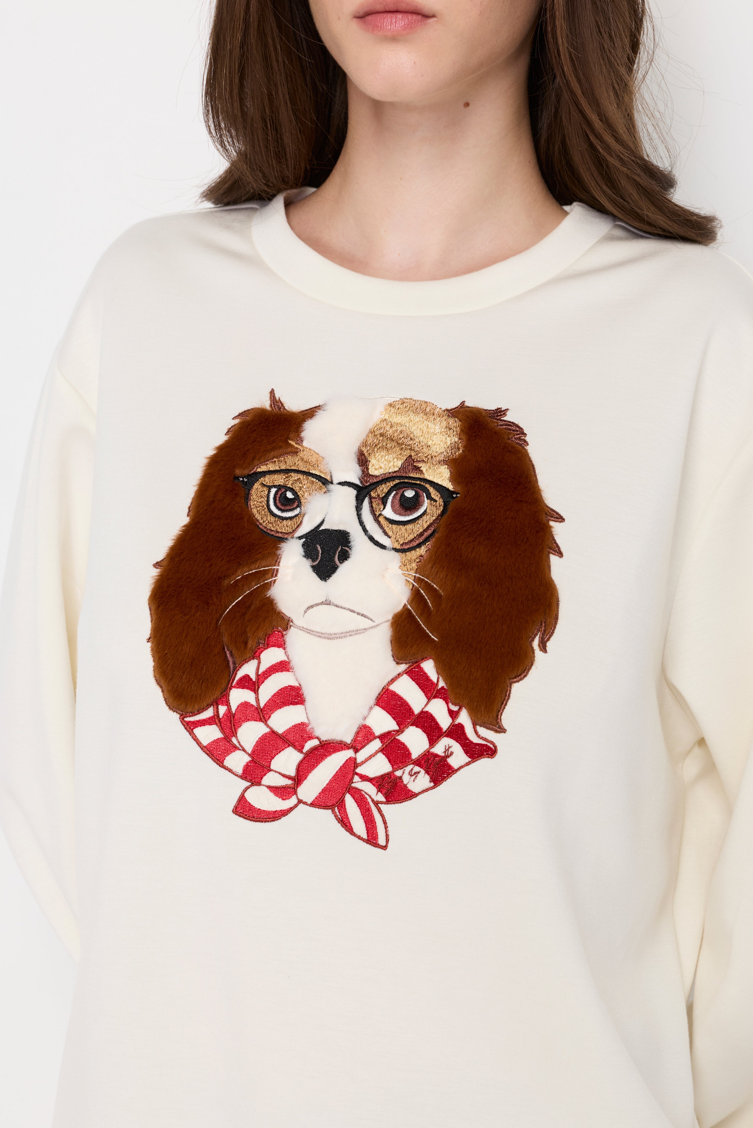 Whimsical Dog Graphic Sweatshirt Cream