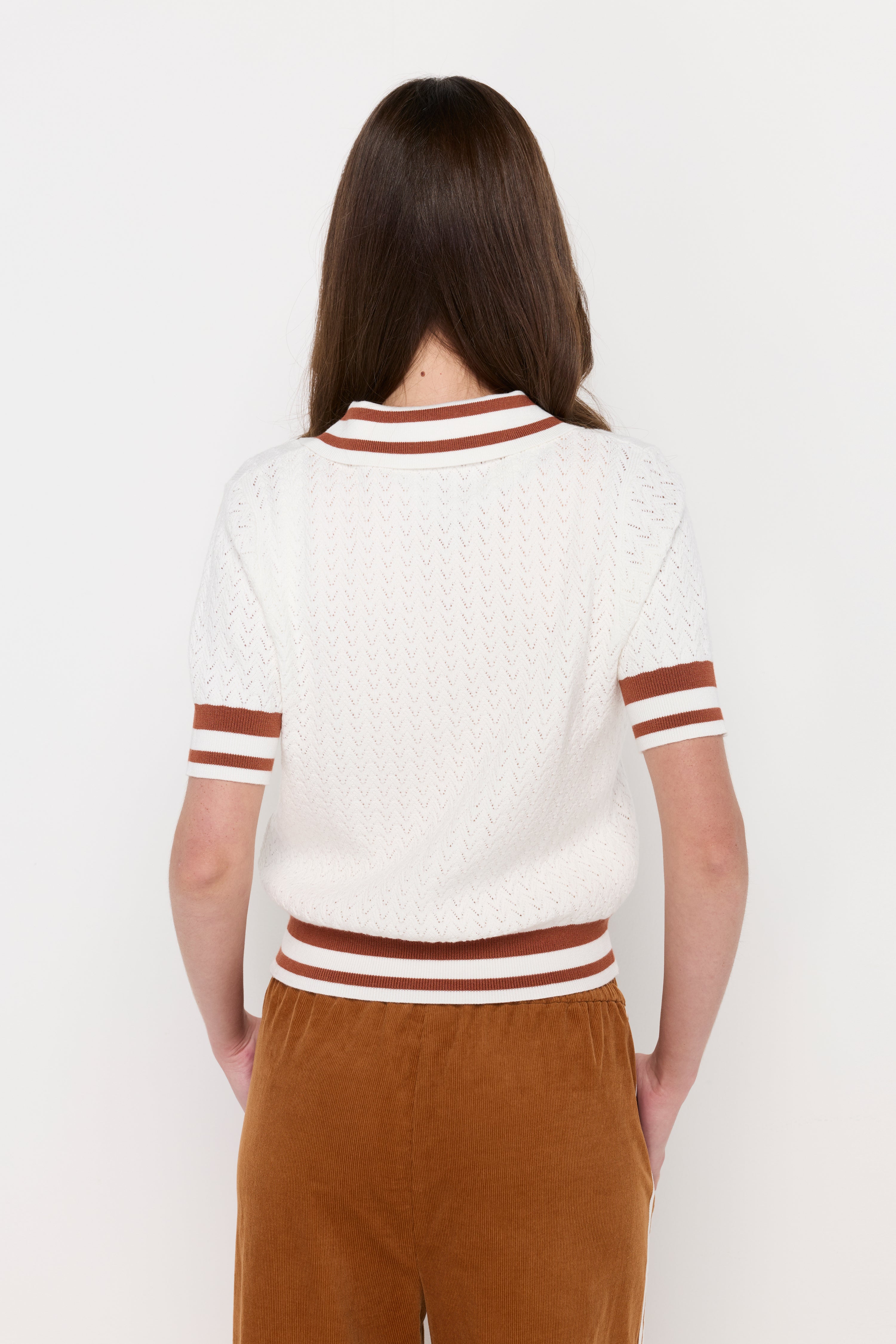Contrast Stripe Openwork Knit Polo Cream