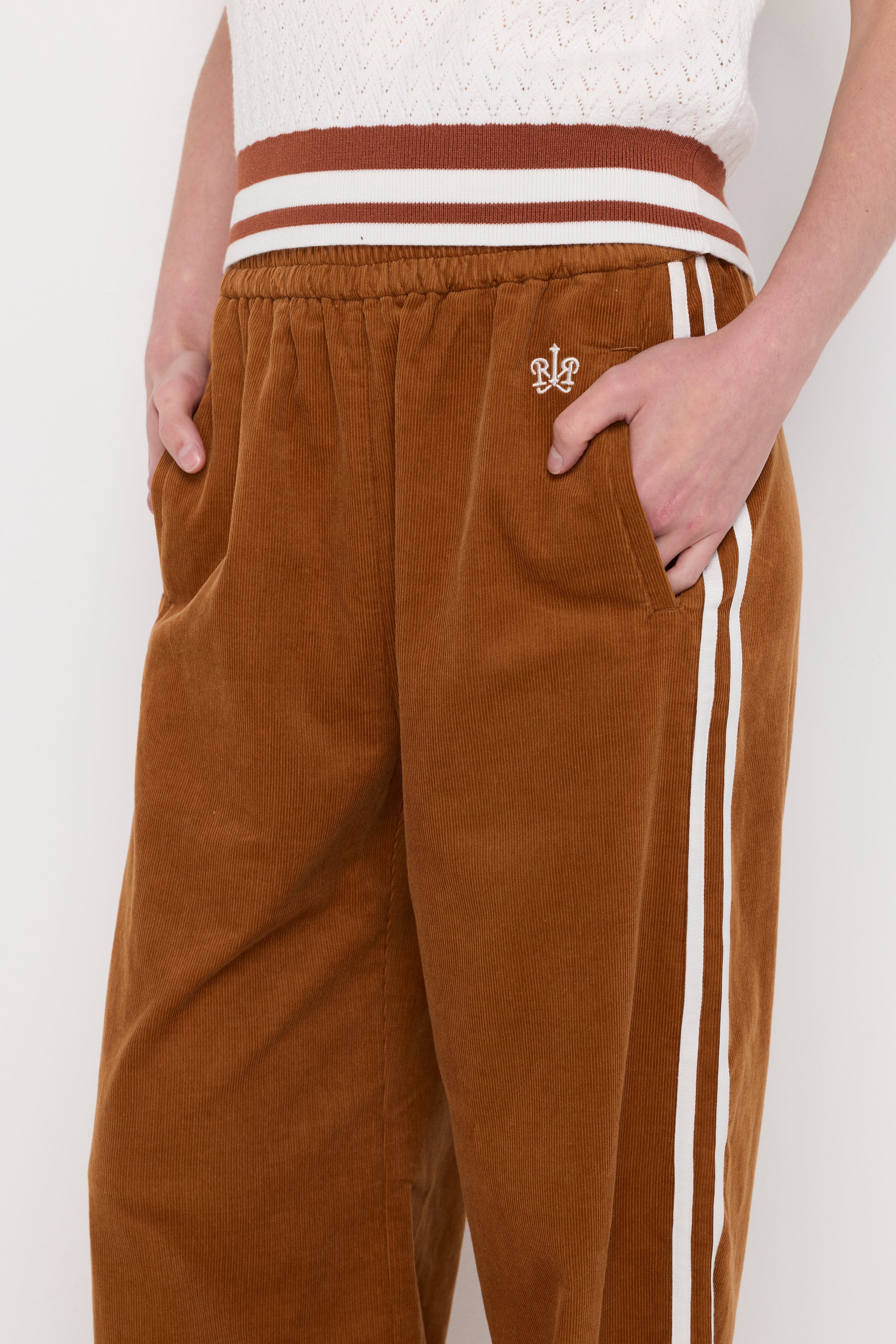 Stripe Waist Wide-Leg Knit Trousers Brown