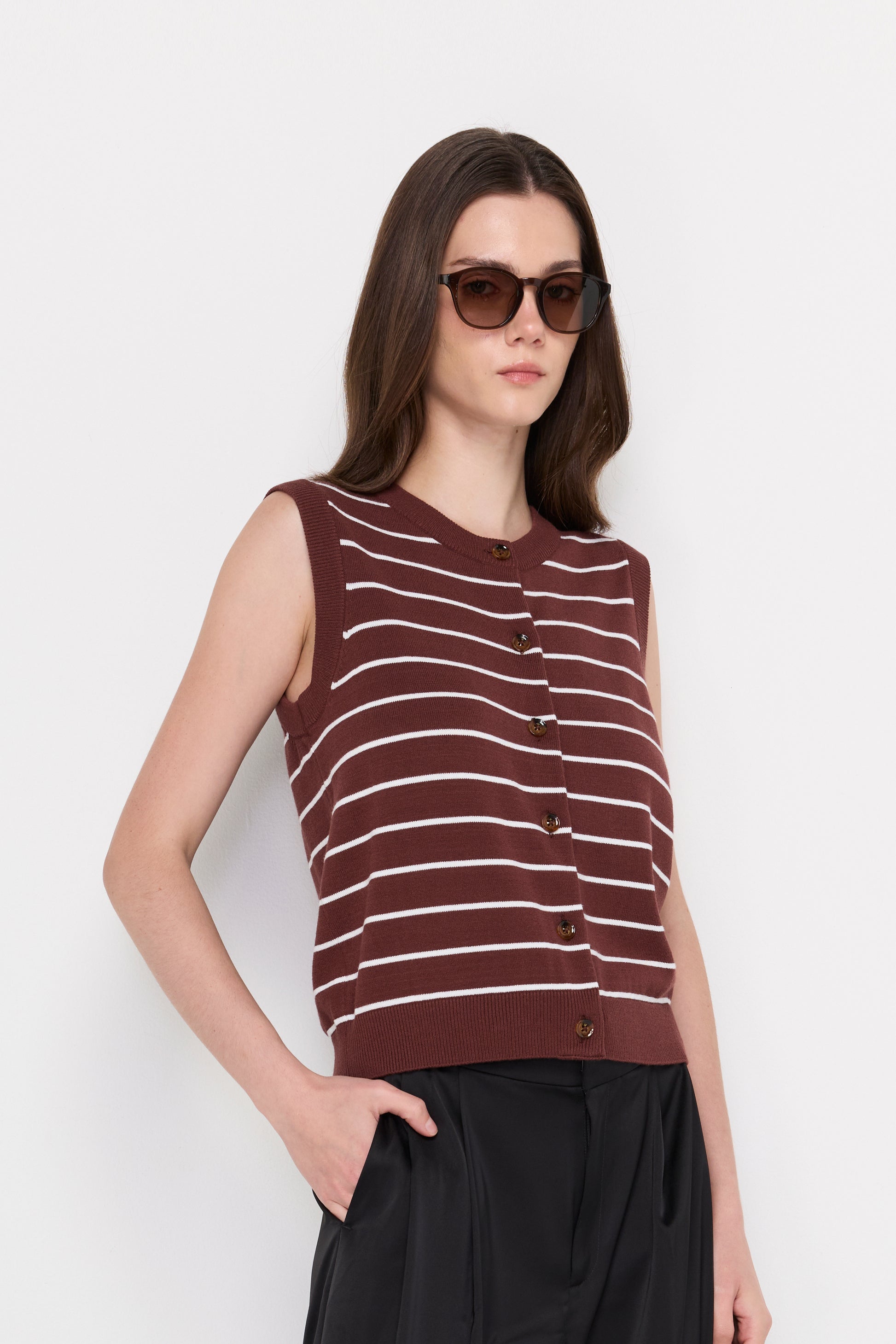 Striped Button-Front Knit Vest Striped Brown