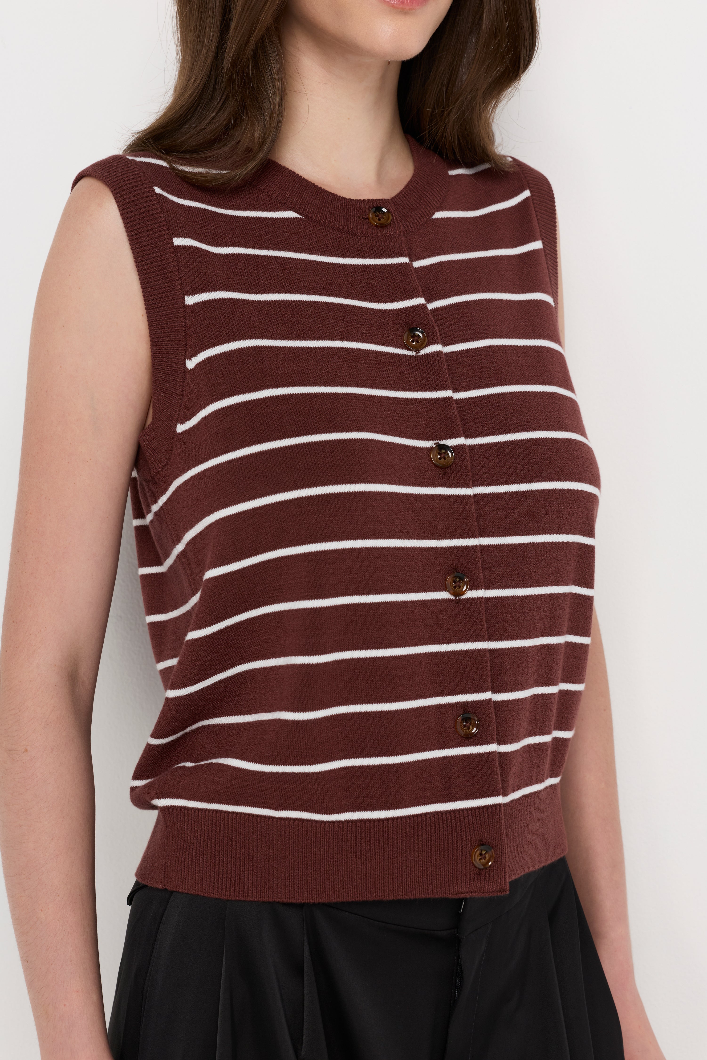 Striped Button-Front Knit Vest Striped Brown
