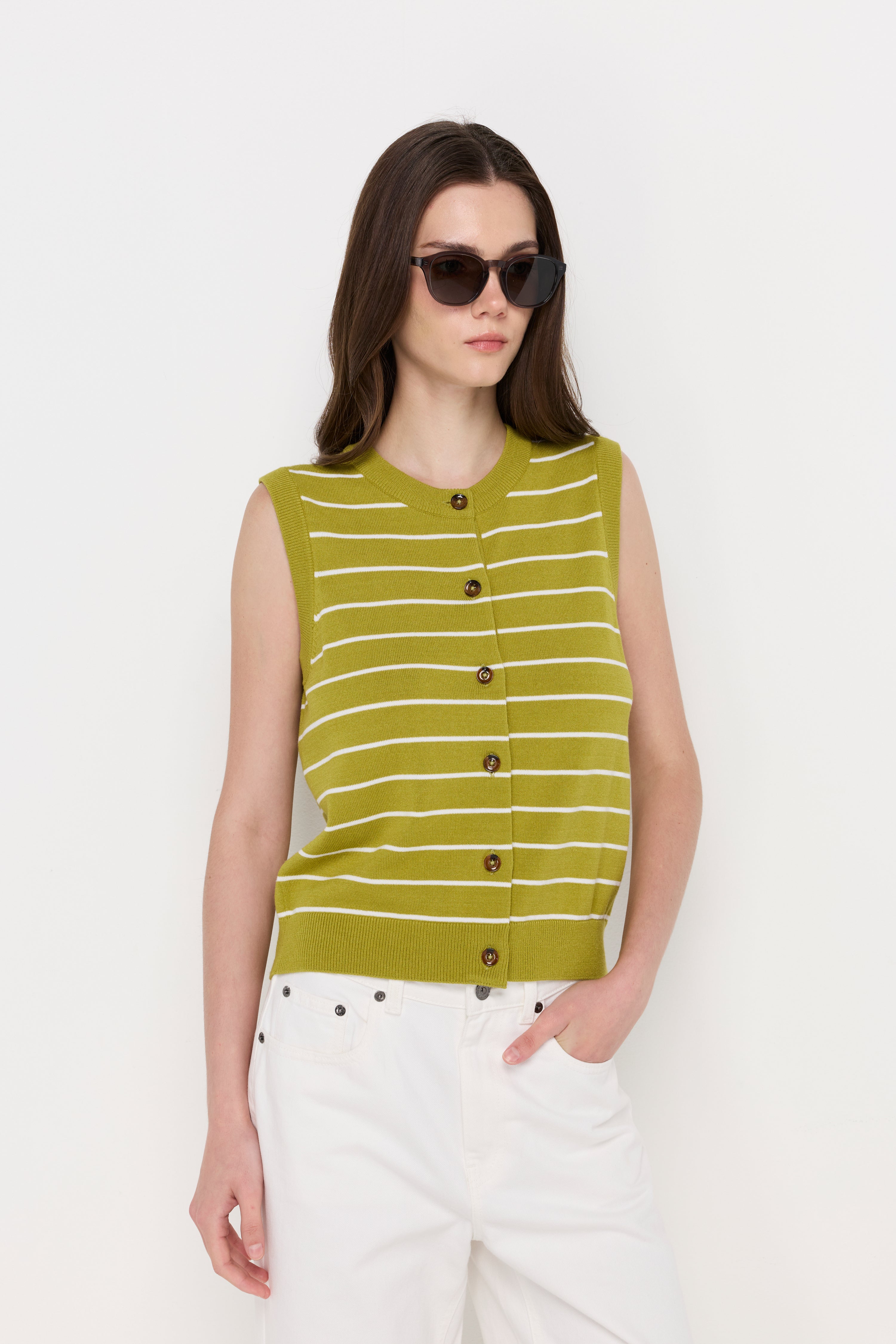 Striped Button-Front Knit Vest Striped Green