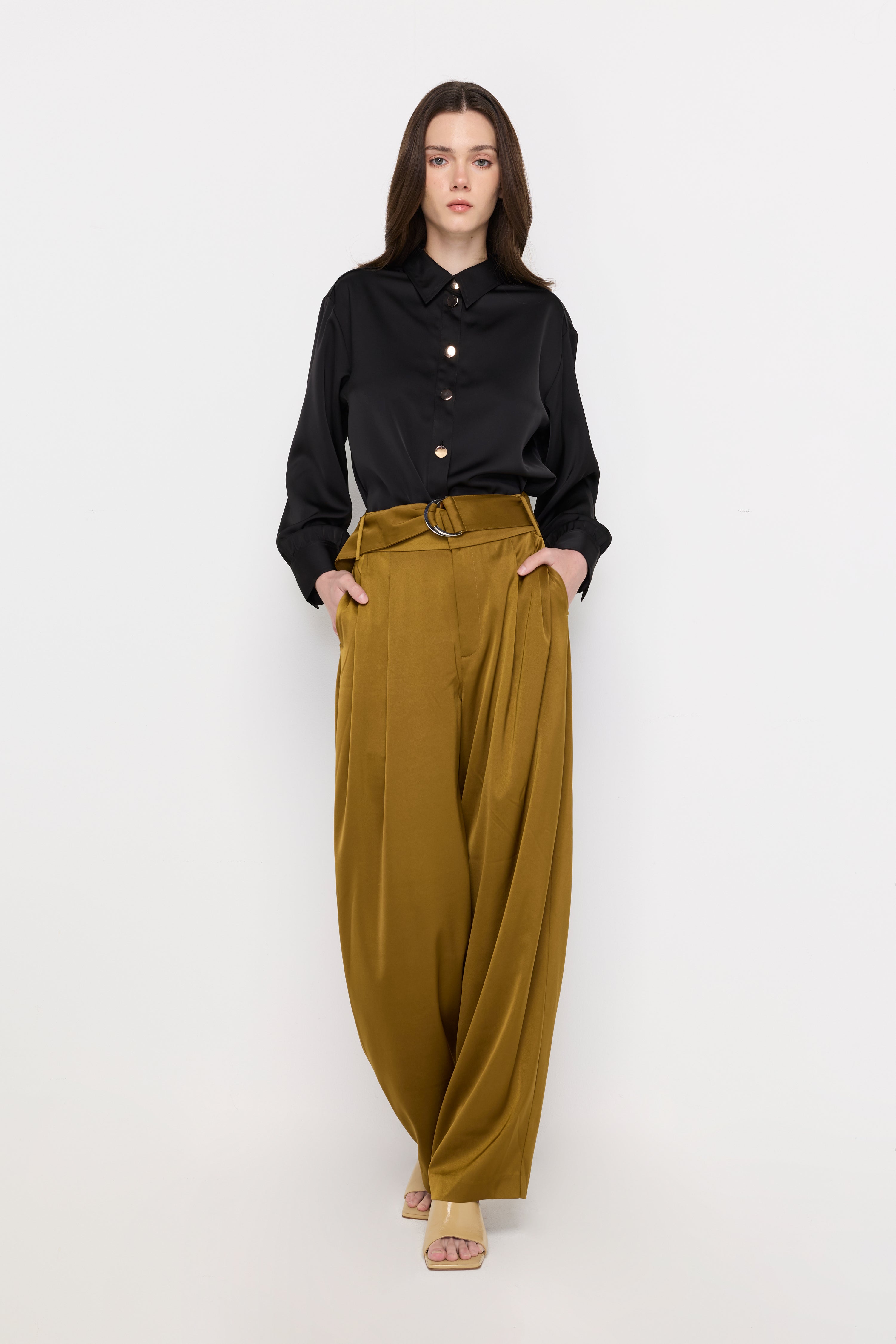 Double-Ring Belted Wide-Leg Trousers Green