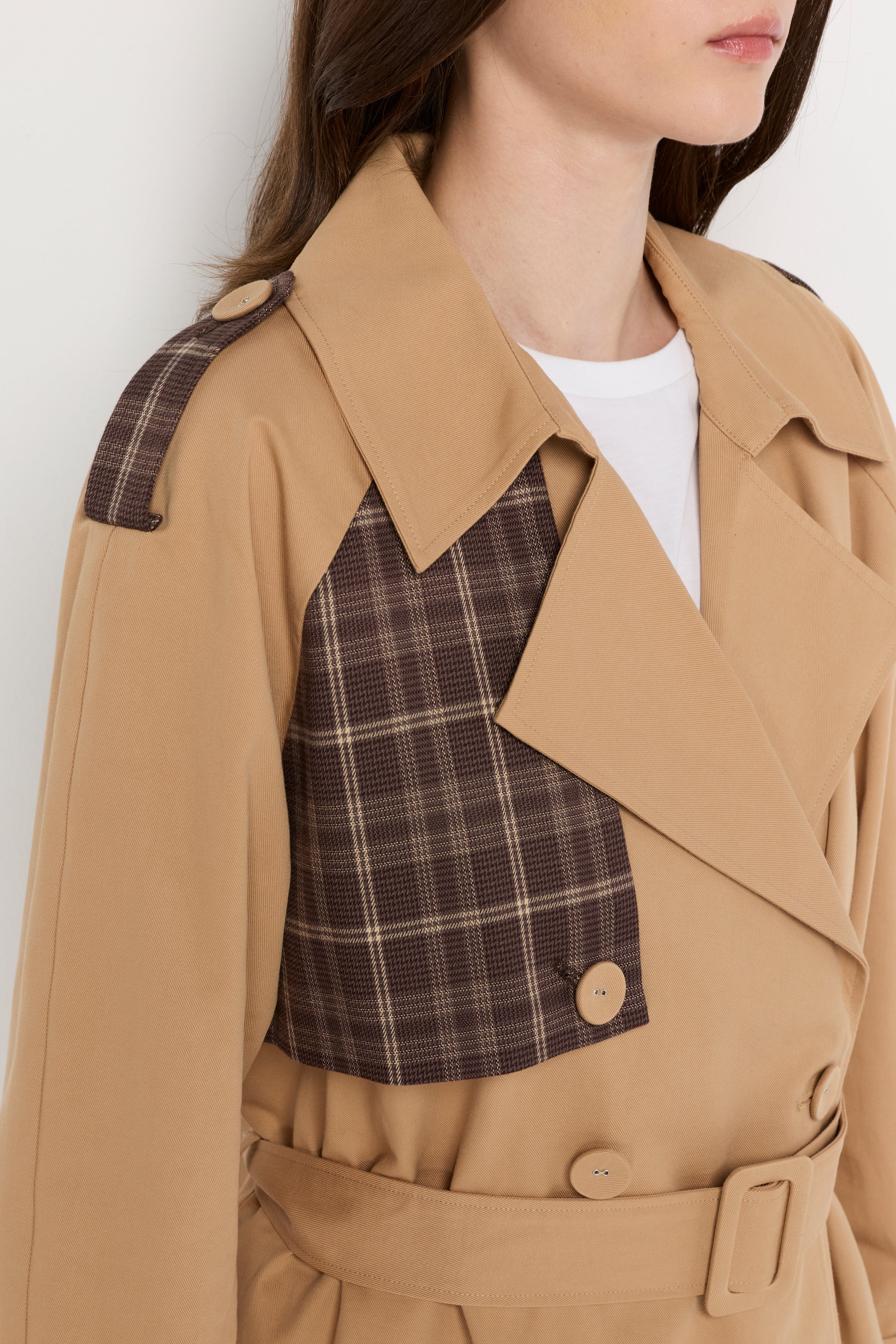 Contrast Plaid Belted Trench Jacket Brown