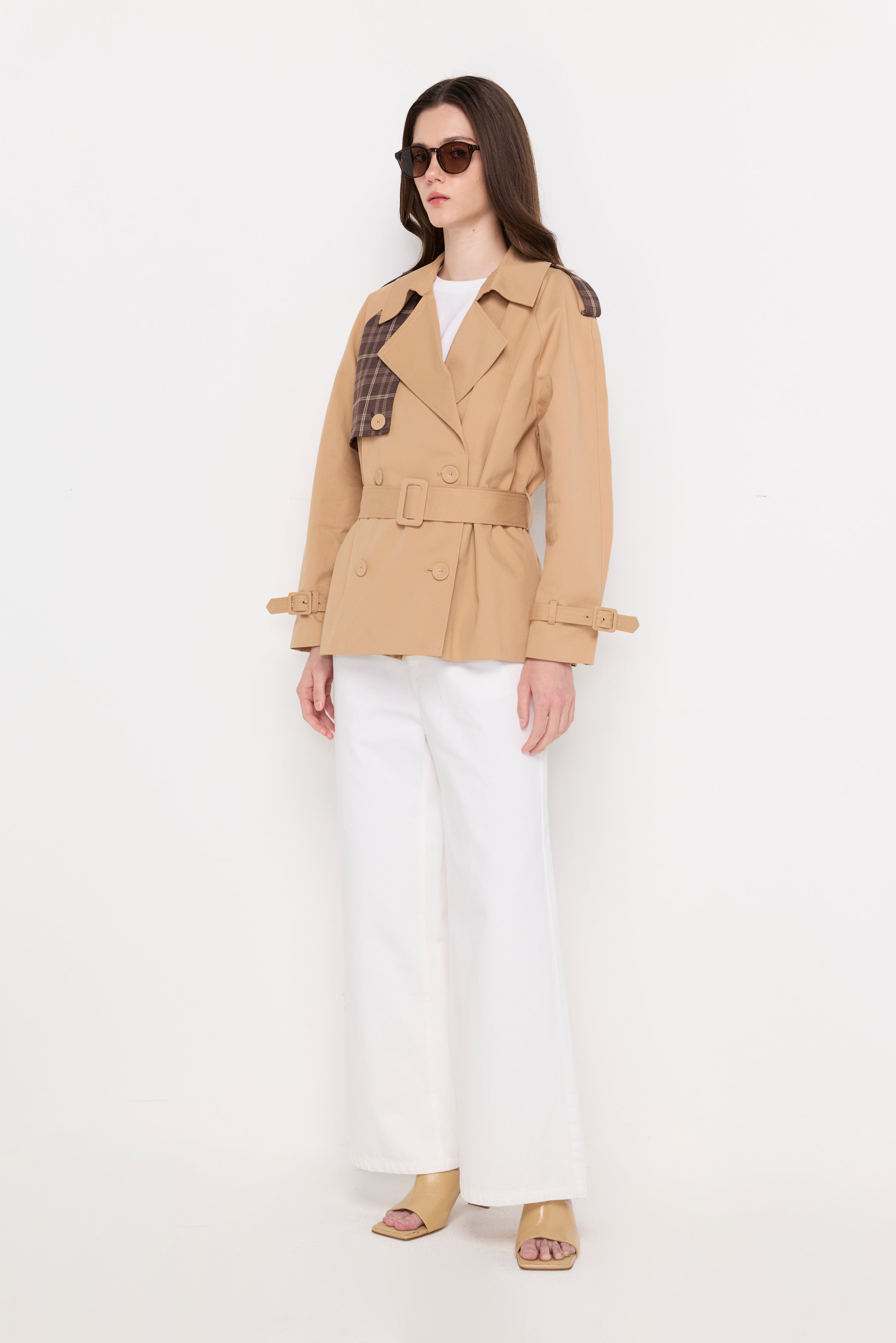 Contrast Plaid Belted Trench Jacket Brown