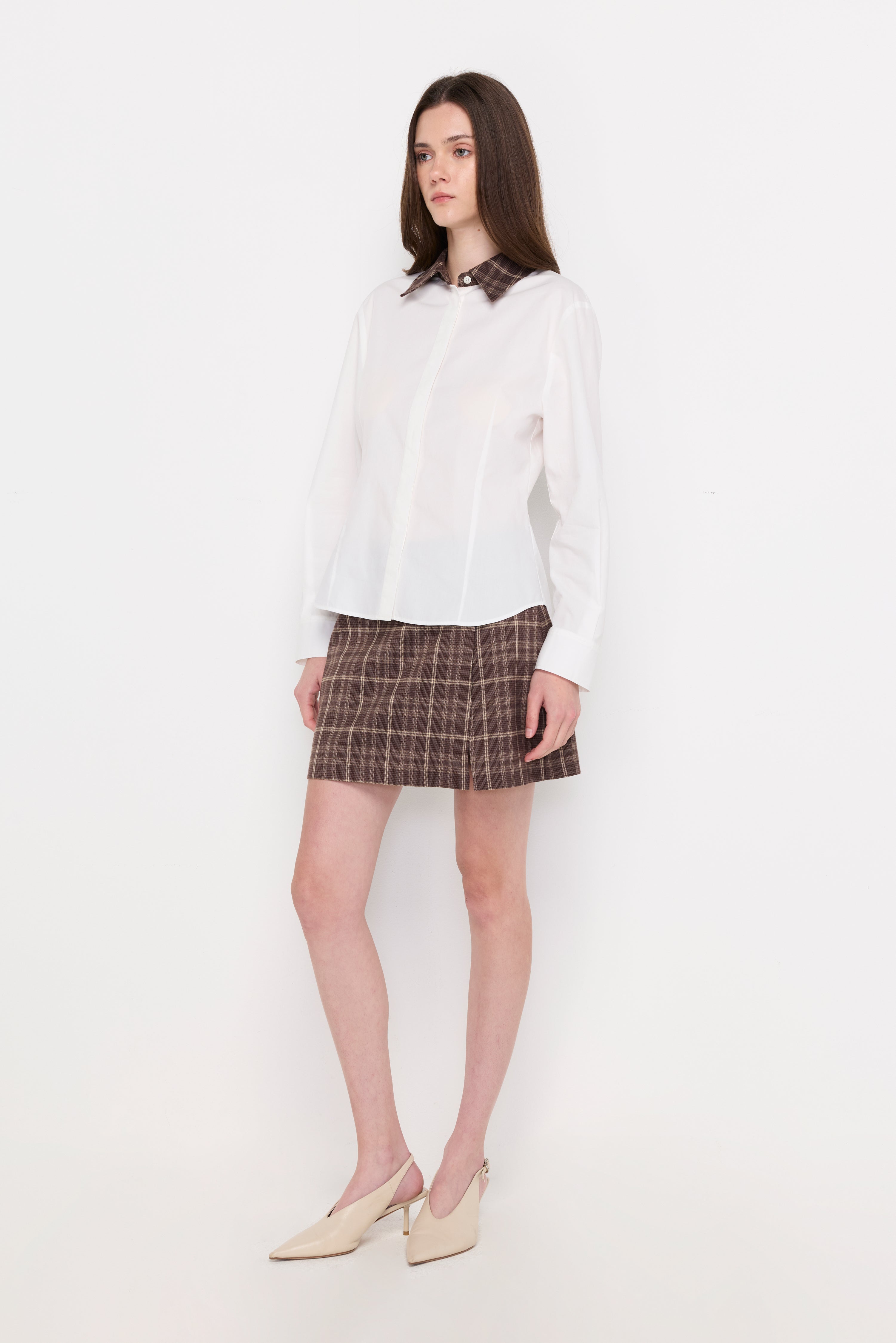 Contrast Plaid Collar Blouse Off-White