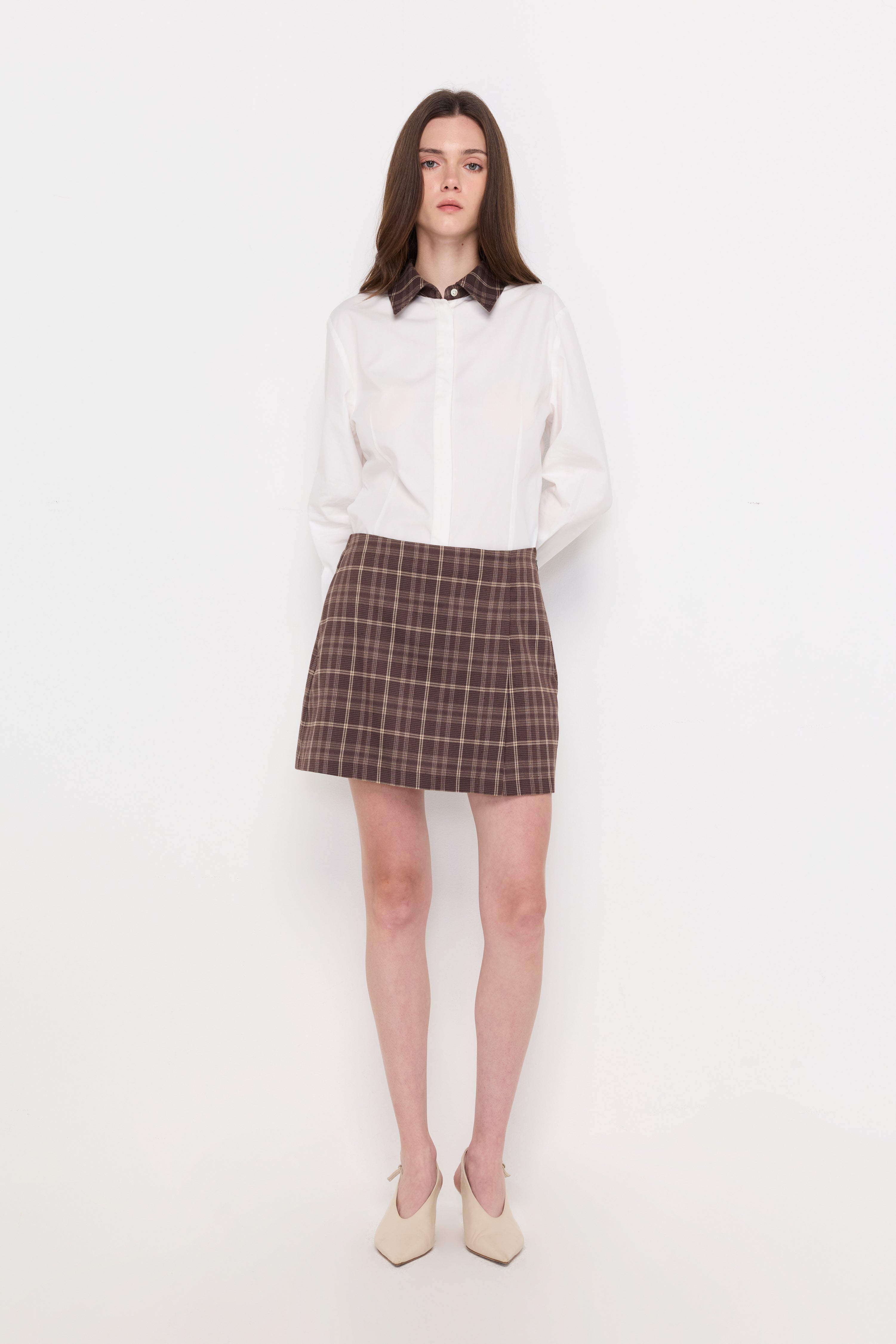 Textured Windowpane Check Mini Skirt Check Brown