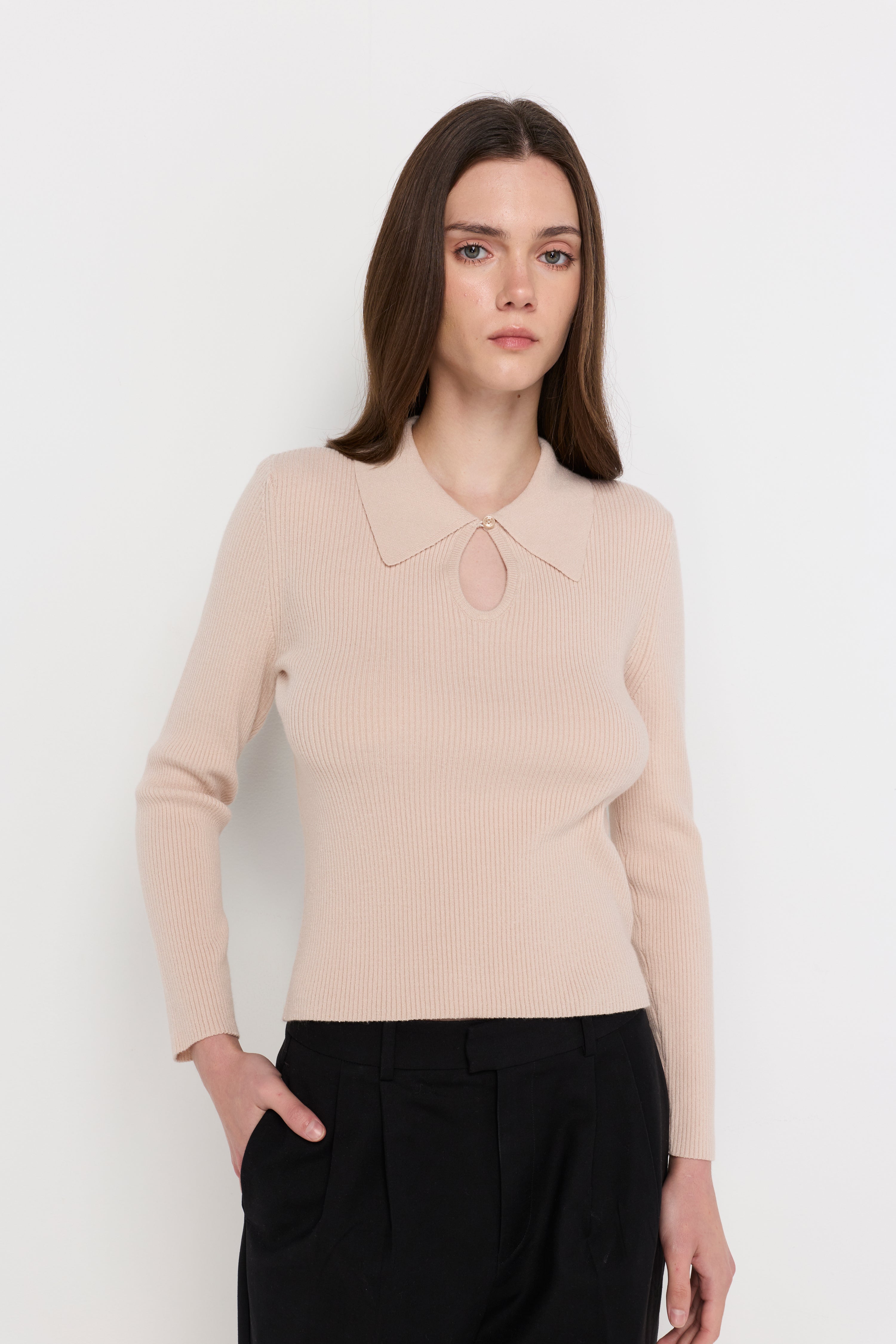 Keyhole Collar Textured Knit Top Cream