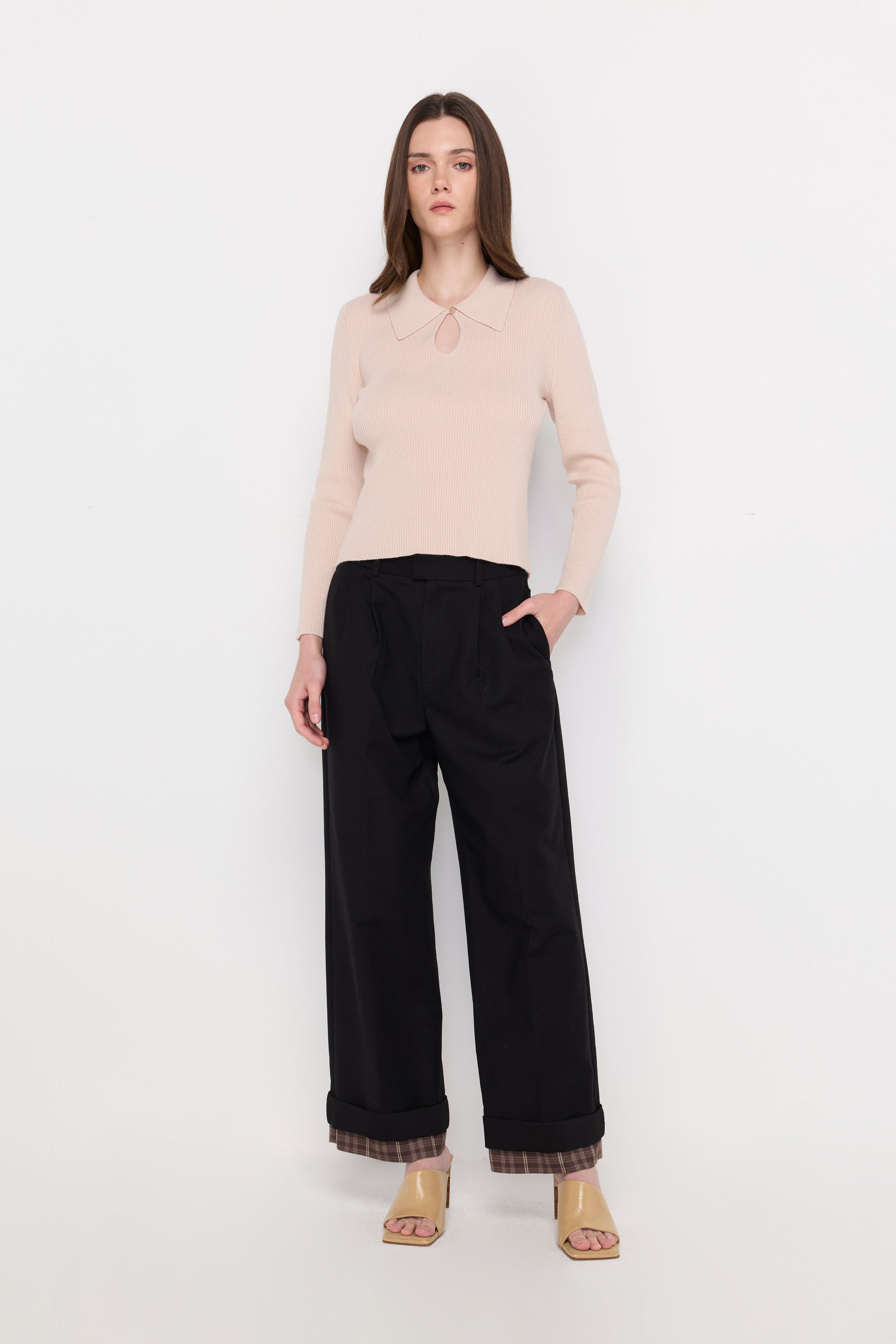 Keyhole Collar Textured Knit Top Cream