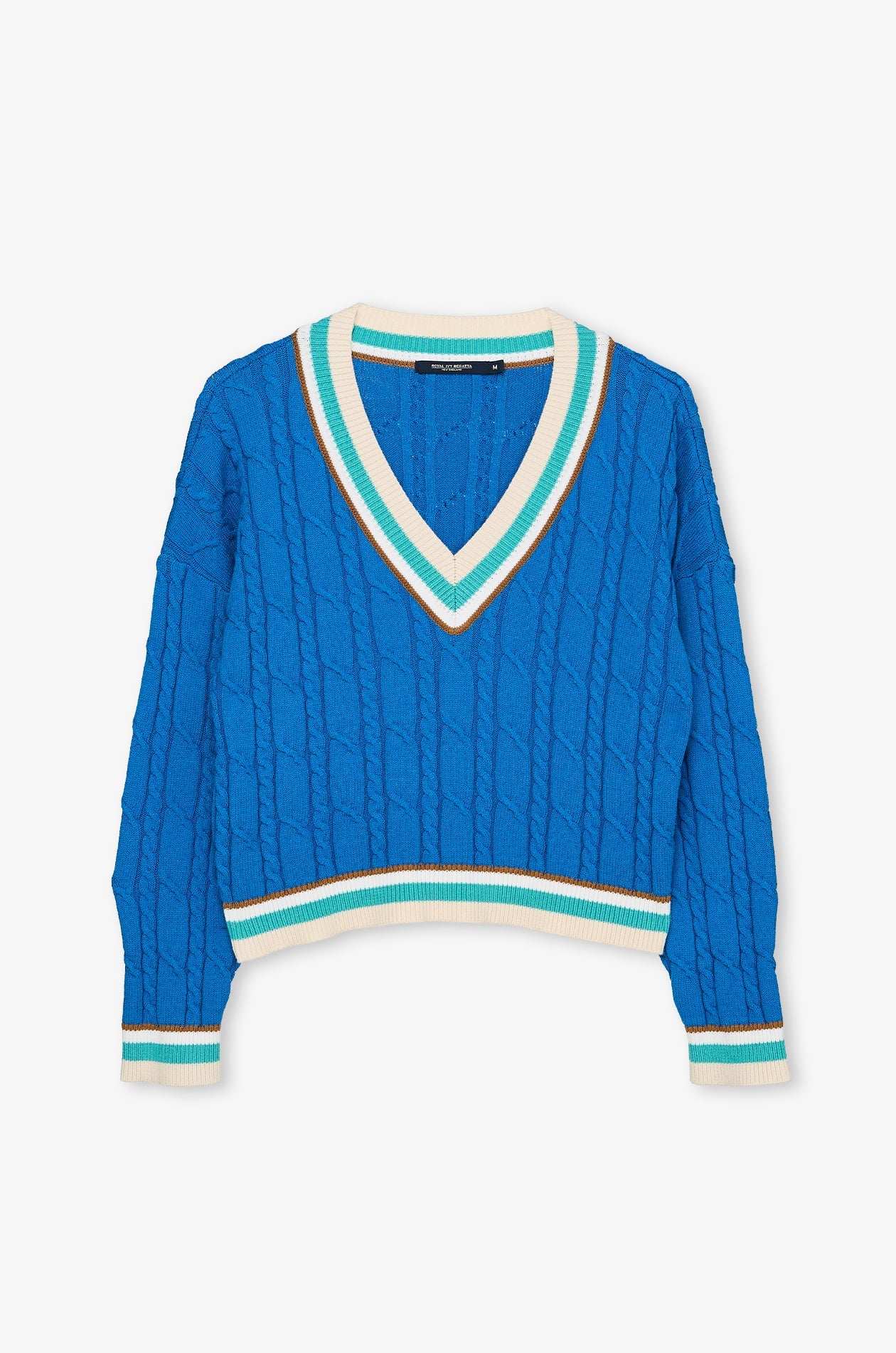 Contrast Stripe Cable-Knit V-Neck Sweater Blue