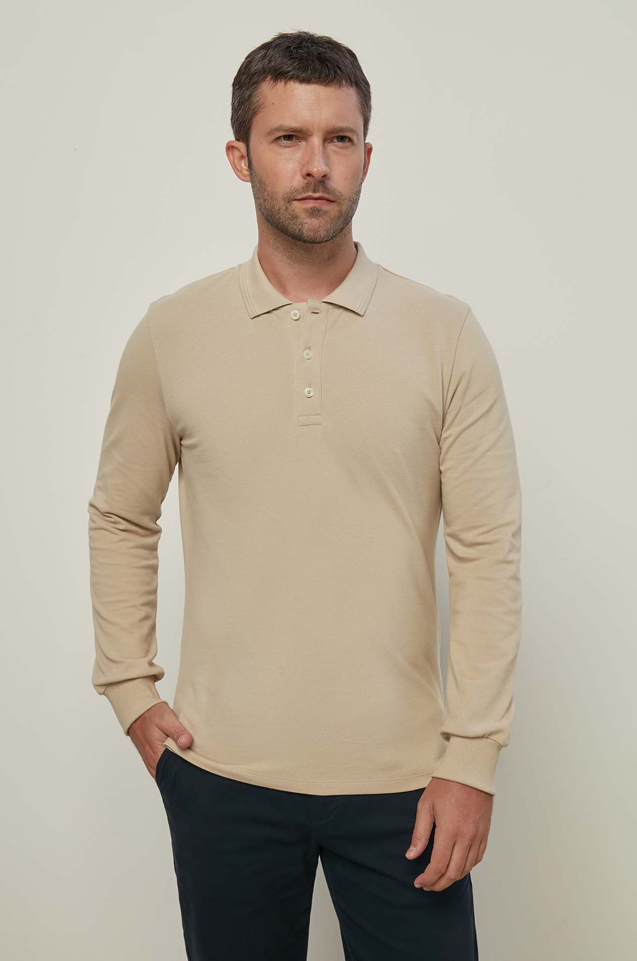 Long Sleeve Pique Polo Light Beige