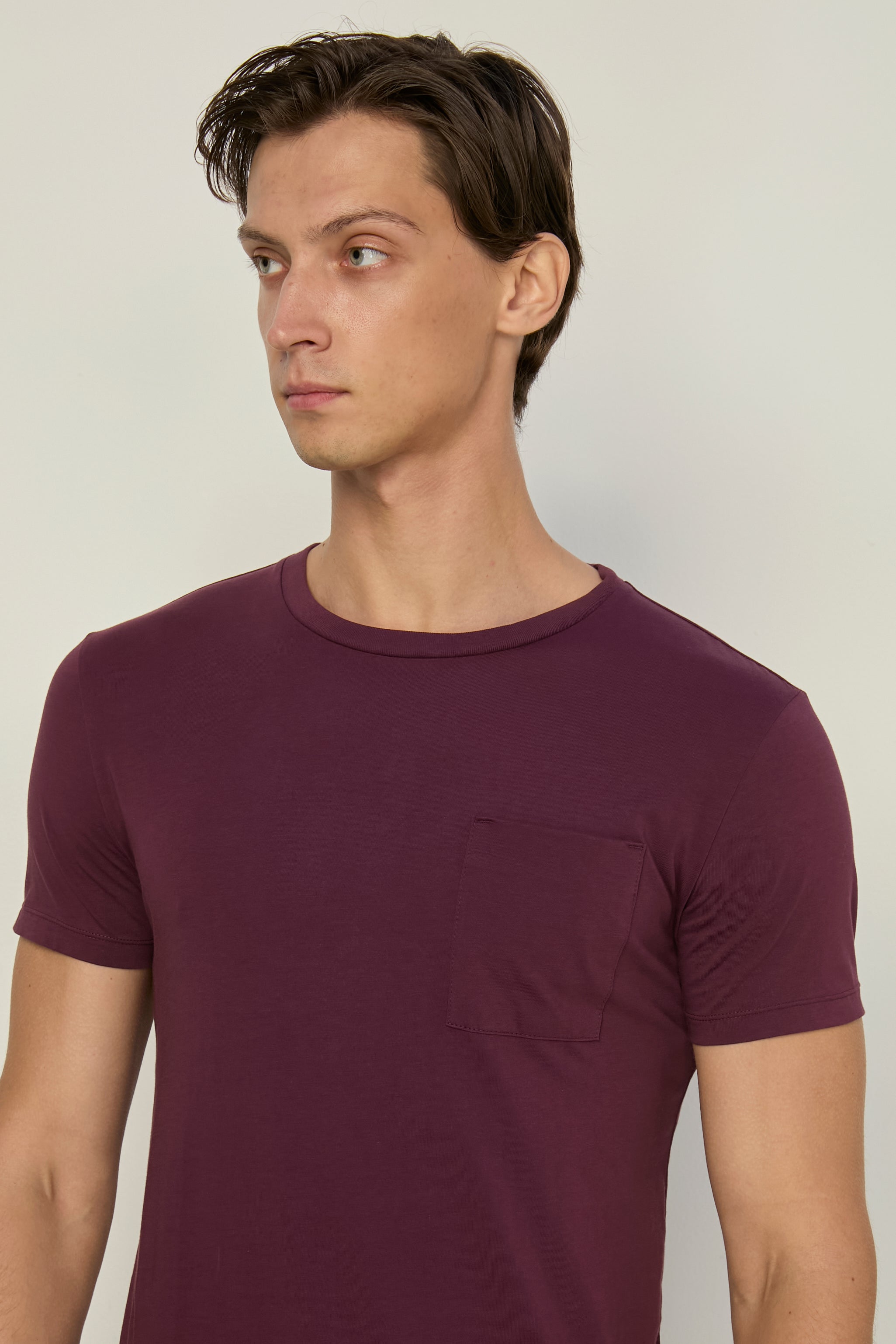 Round Neck Tee With Pocket Dark Red