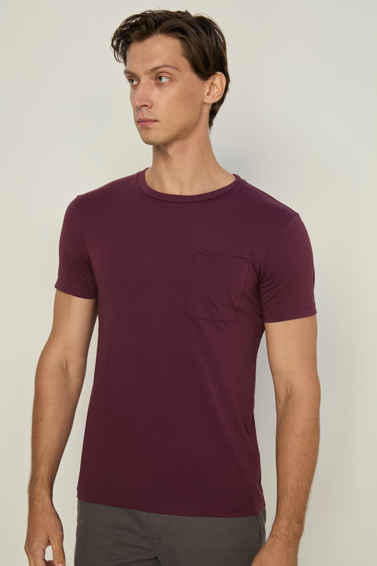 Round Neck Tee With Pocket Dark Red