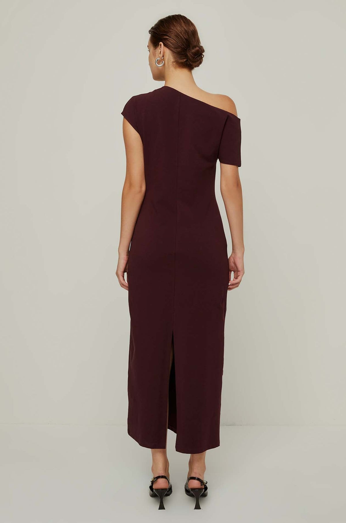 One-Shoulder Jersey Dress Maroon