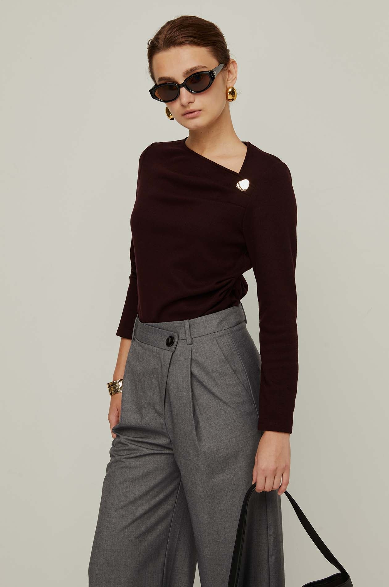 Asymmetric Long Sleeve Top Maroon