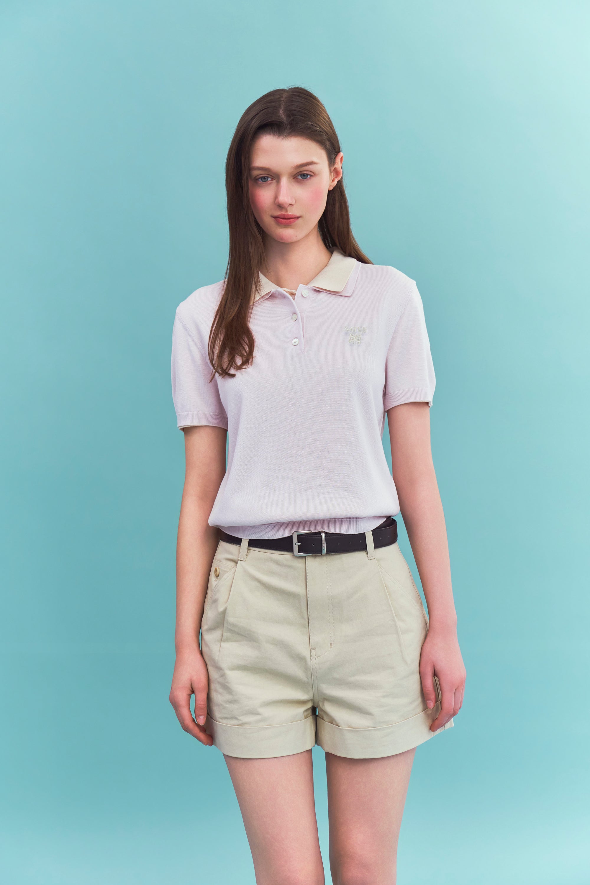 (W) Classic Collar Half Knit Pink