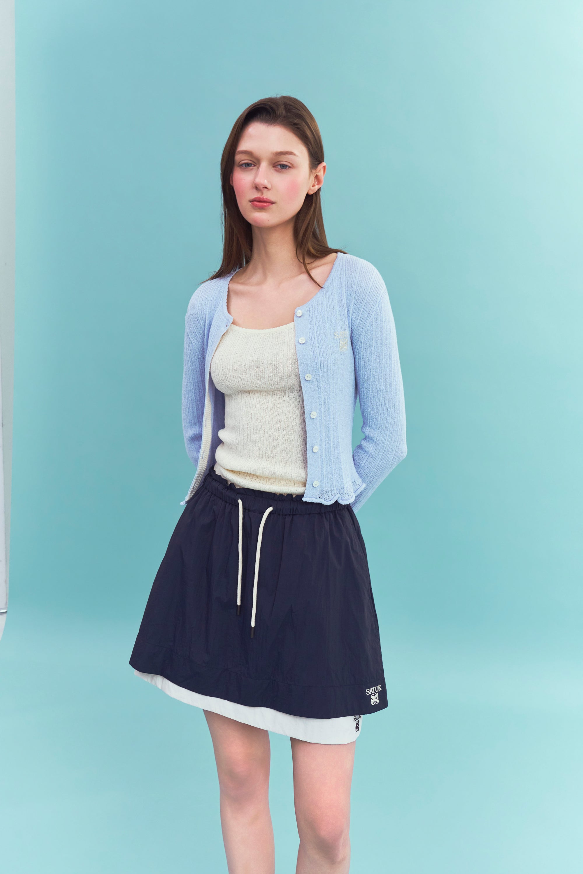 (W) Logo String Flared Skirt Navy