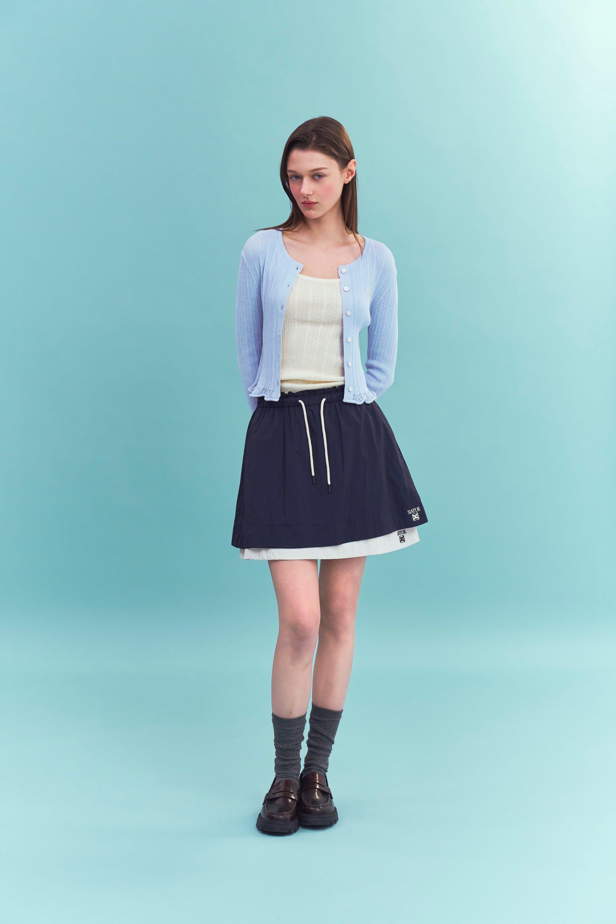 (W) Logo String Flared Skirt Navy