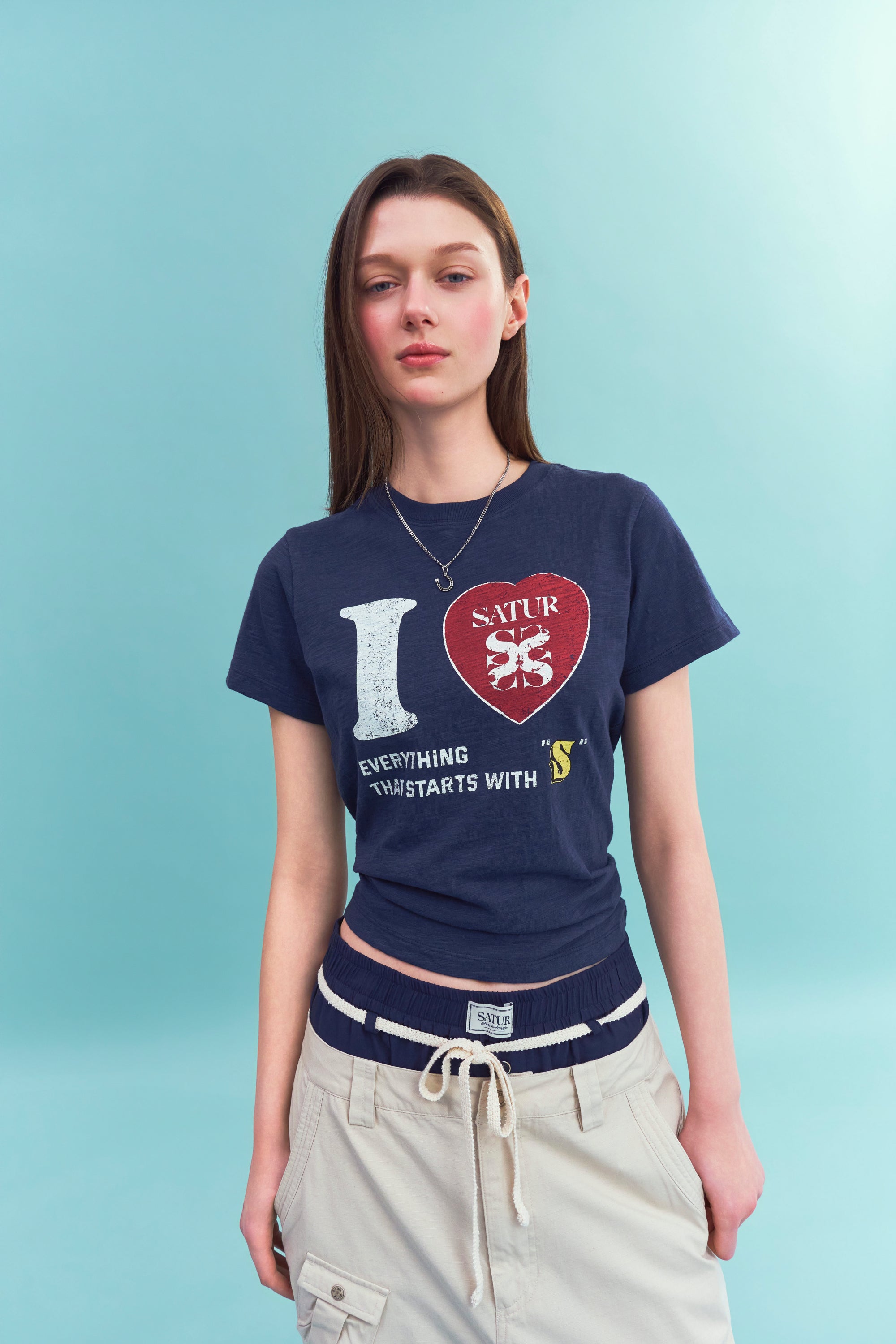 (W) I Love Graphic Rl Slub Tee Navy