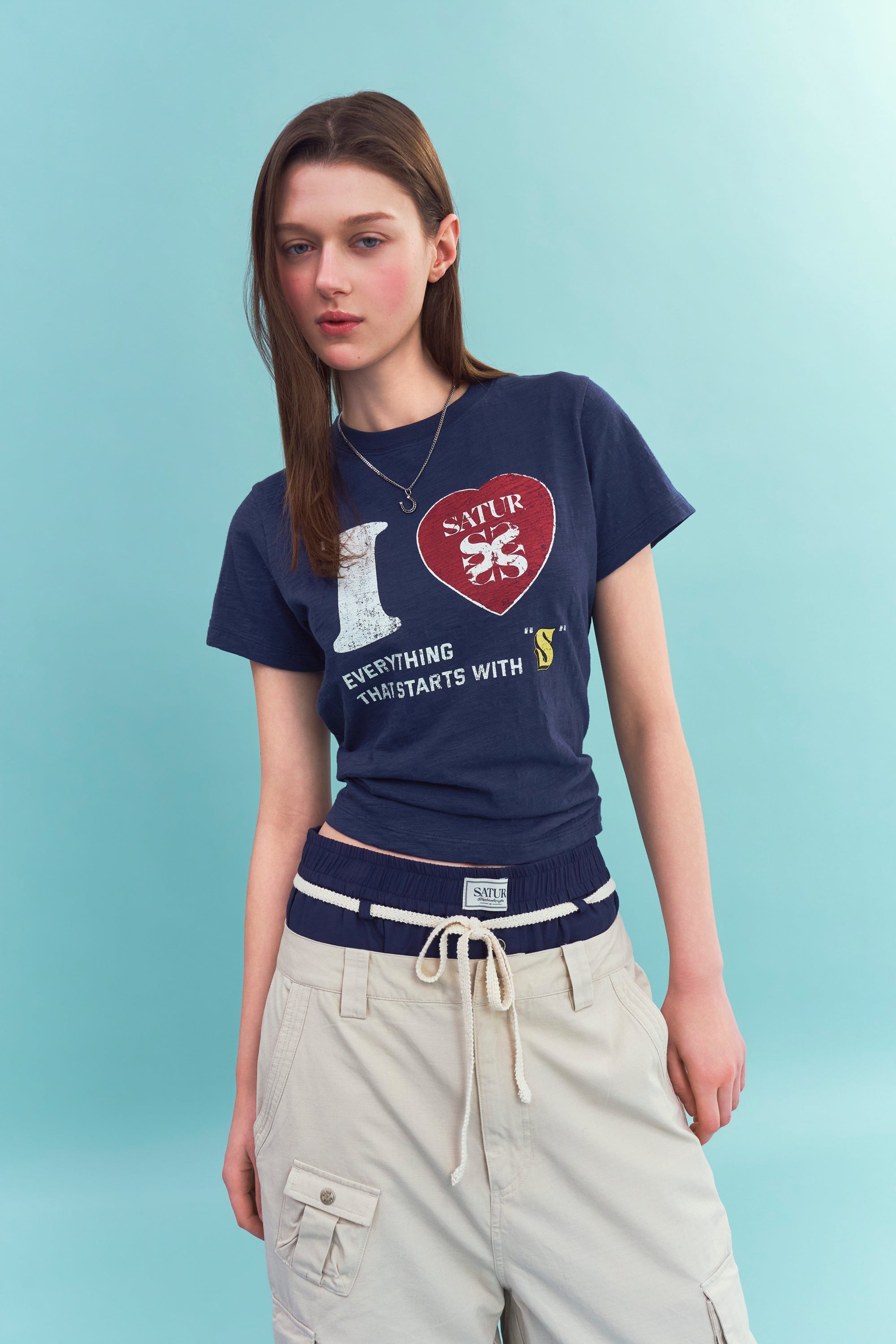 (W) I Love Graphic Rl Slub Tee Navy
