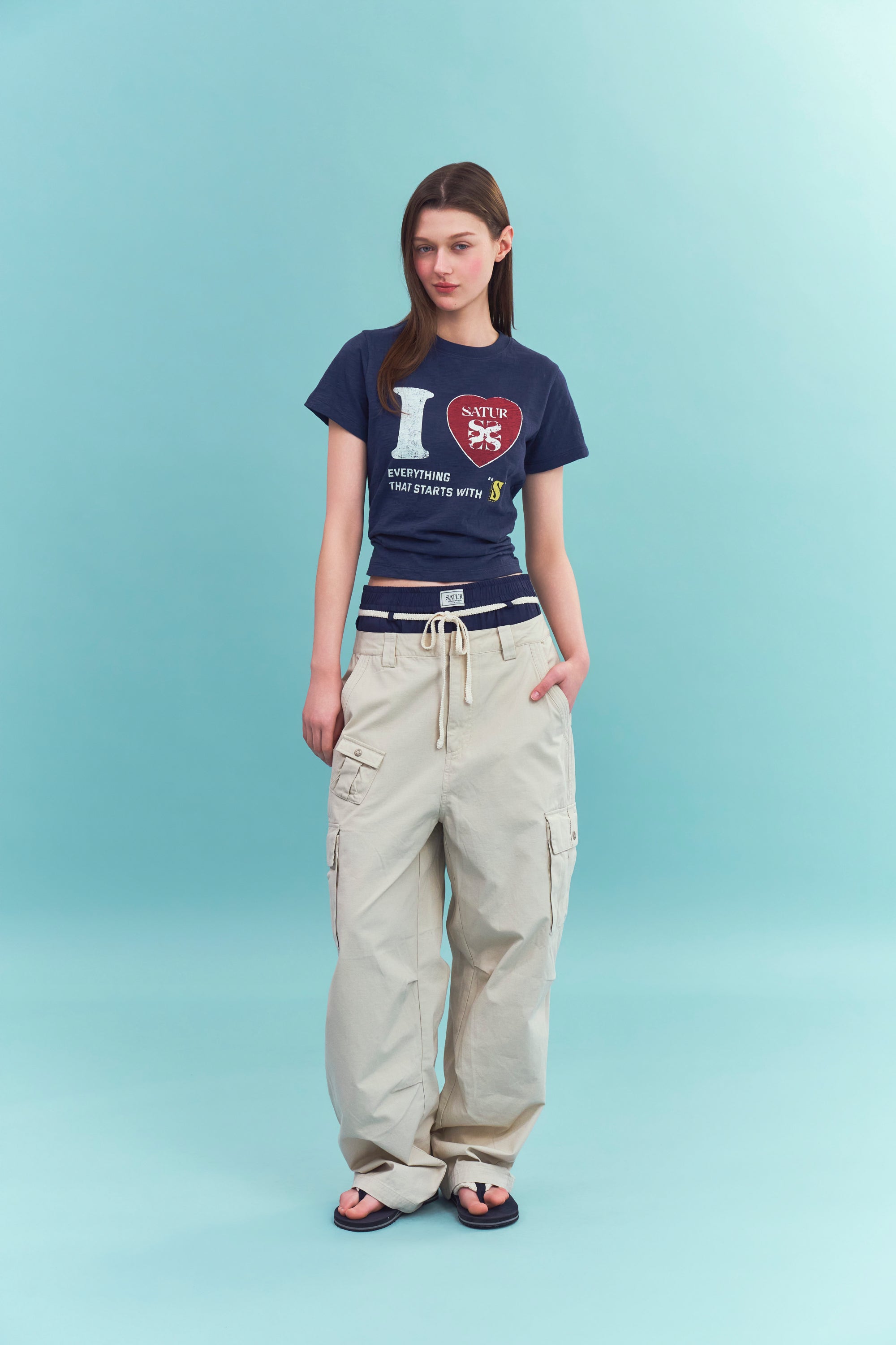(W) I Love Graphic Rl Slub Tee Navy