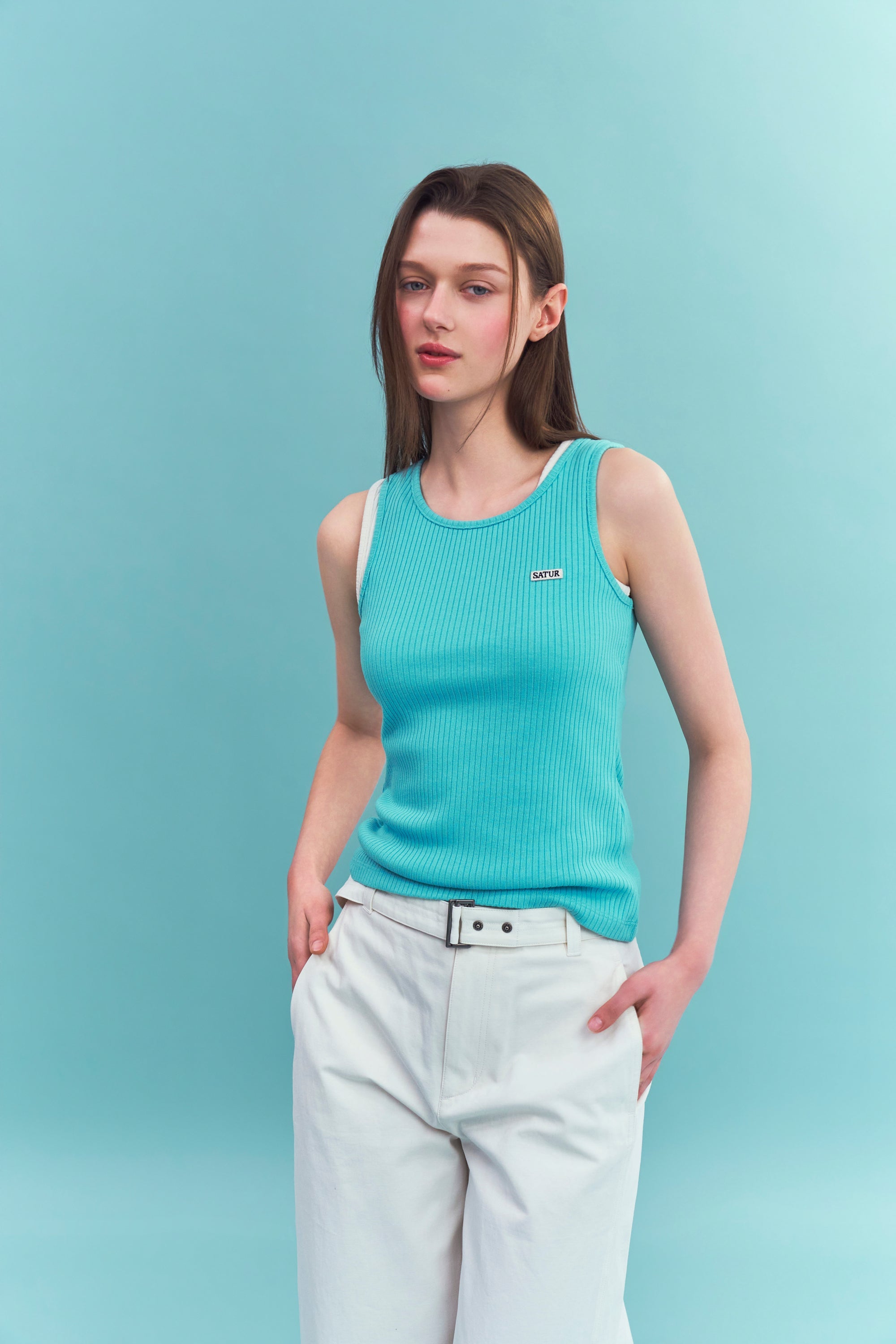 (W) Logo Ribbed Sleeveless Blue