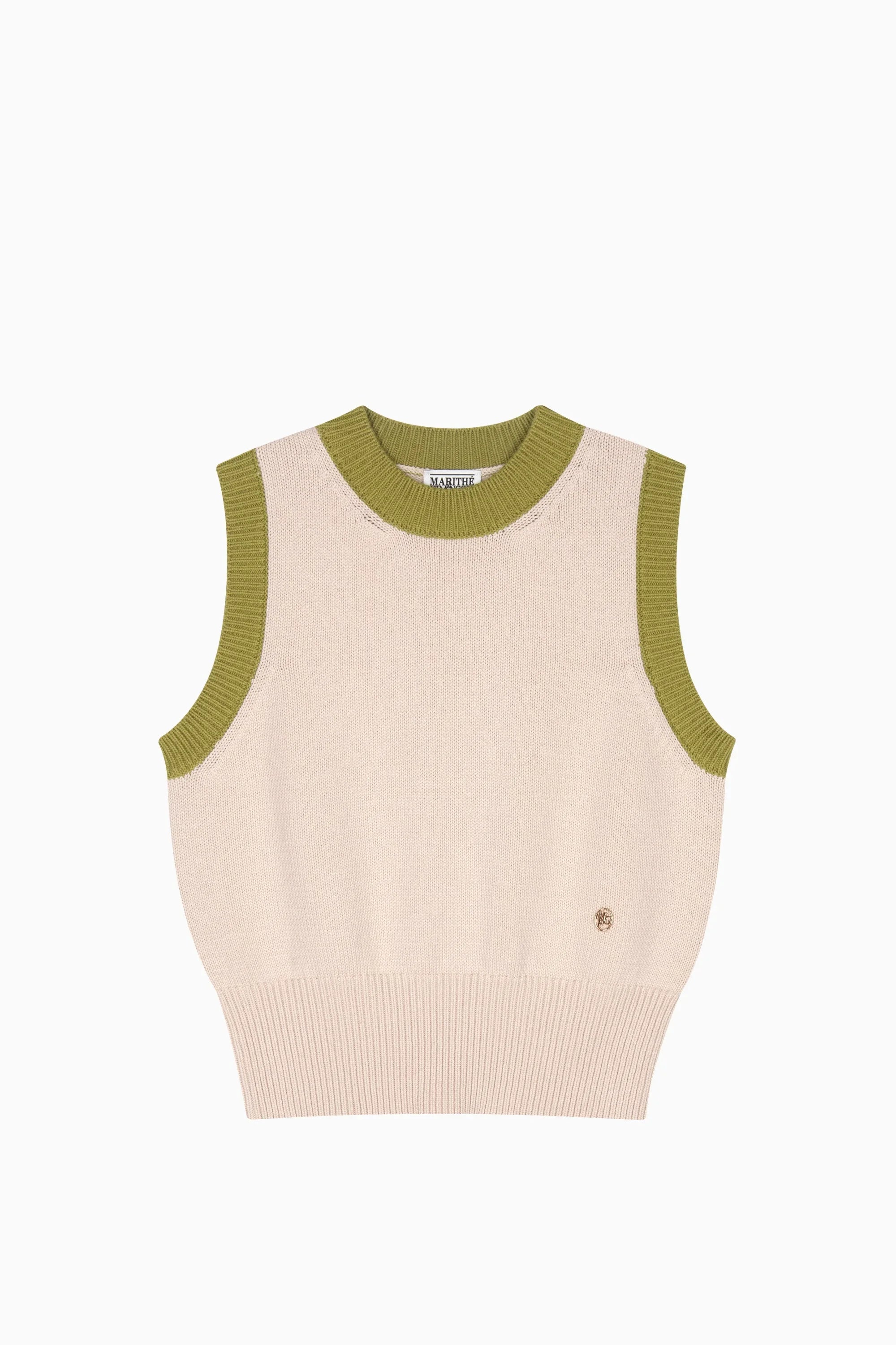 W Round Neck Knit Vest Beige