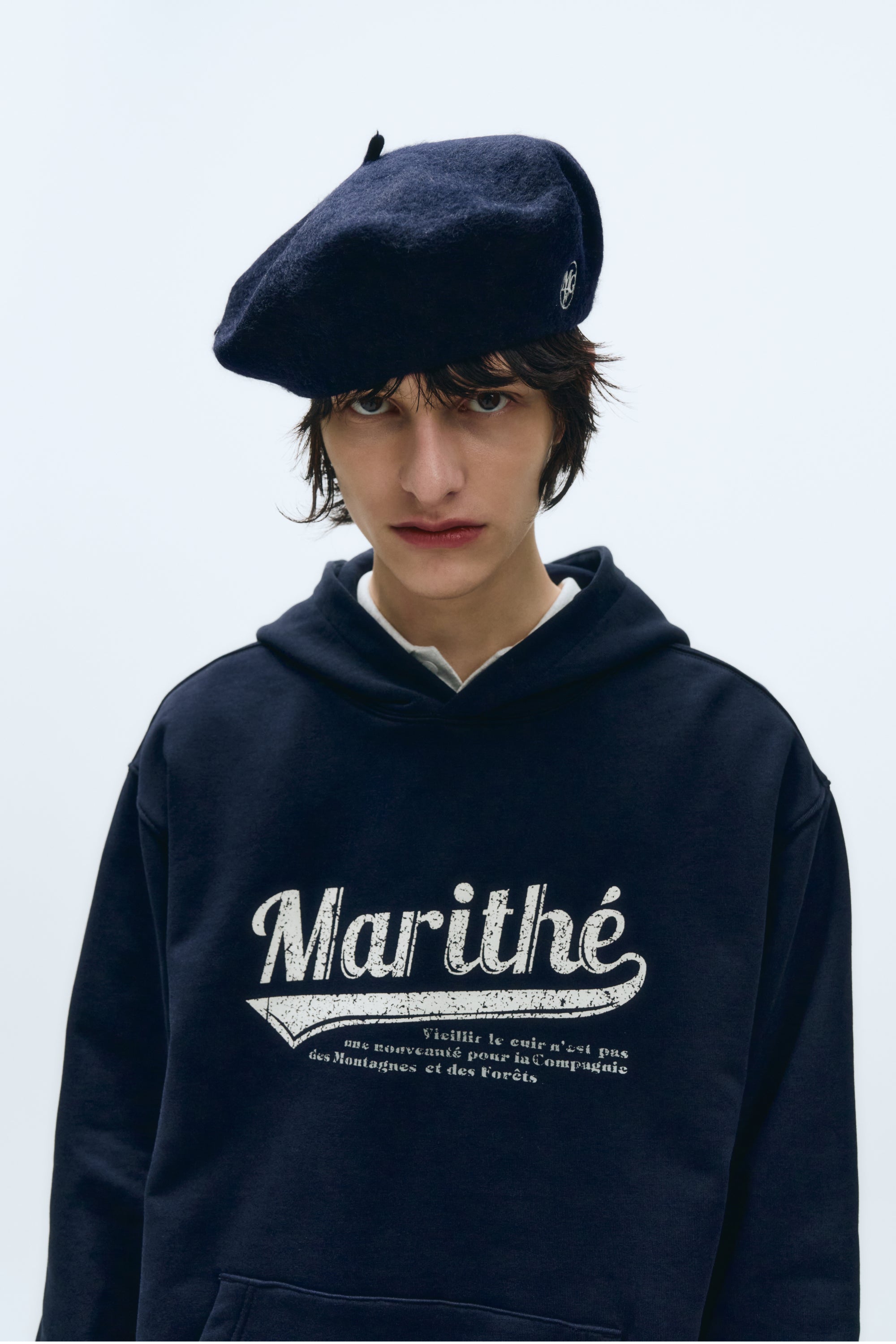 Circle Logo Embroidery Wool Beret Navy