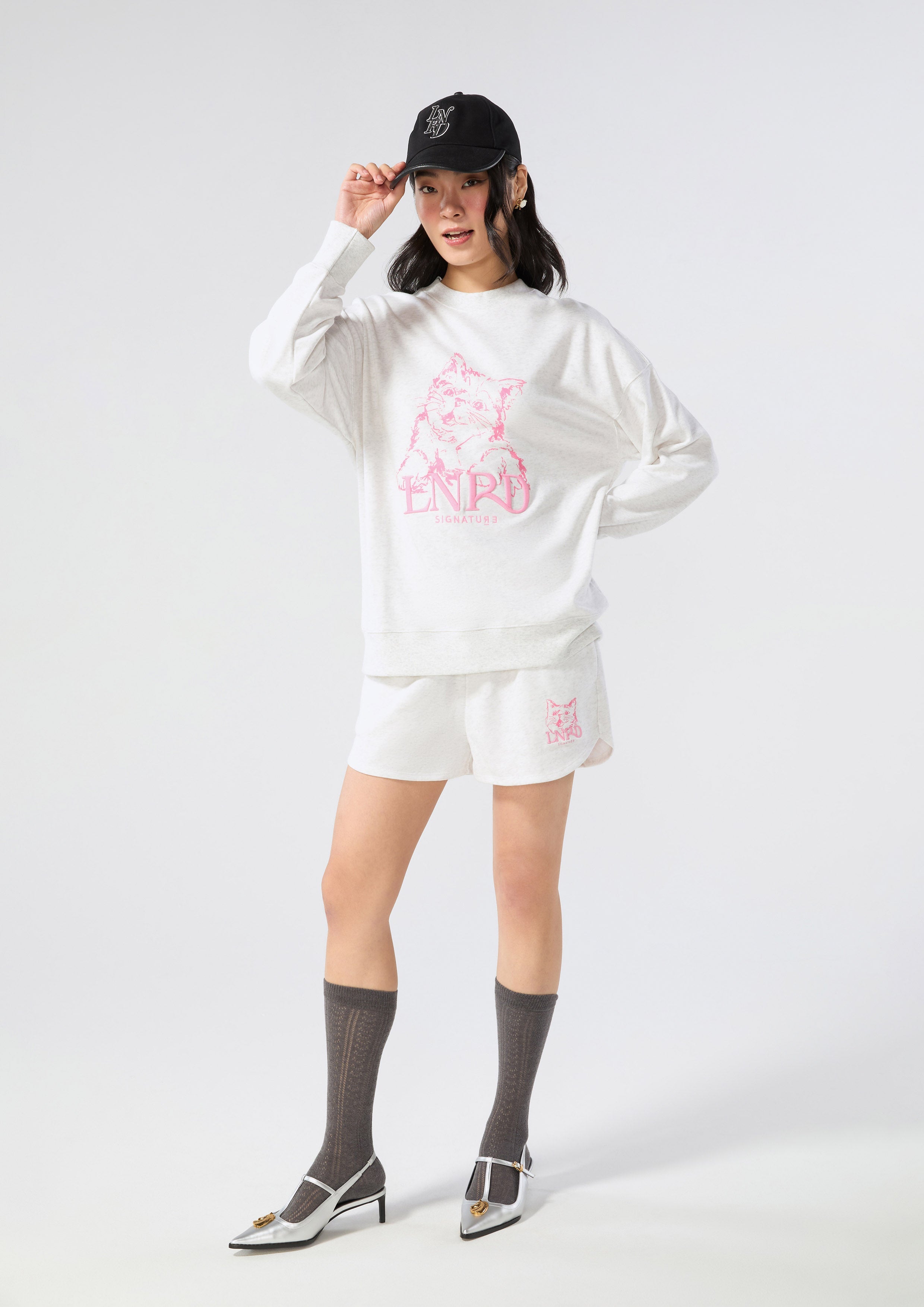 Cat Print With Logo Embroidery Pullover Lnrd Signature Light Grey