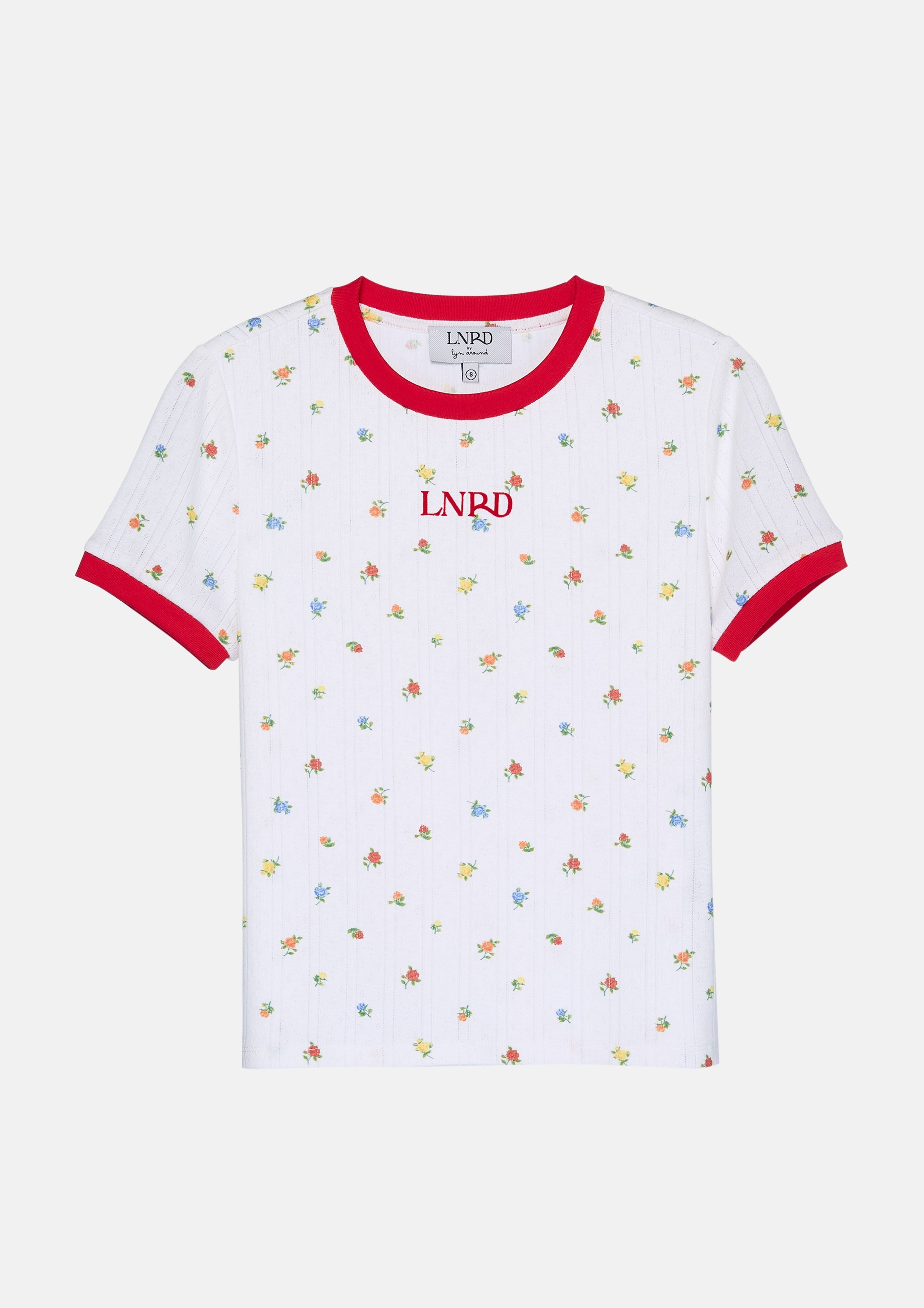 เสื้อยืดแขนสั้นปักโลโก้แต่งลายดอกไม้ คอลเลกชัน LNRD Signature