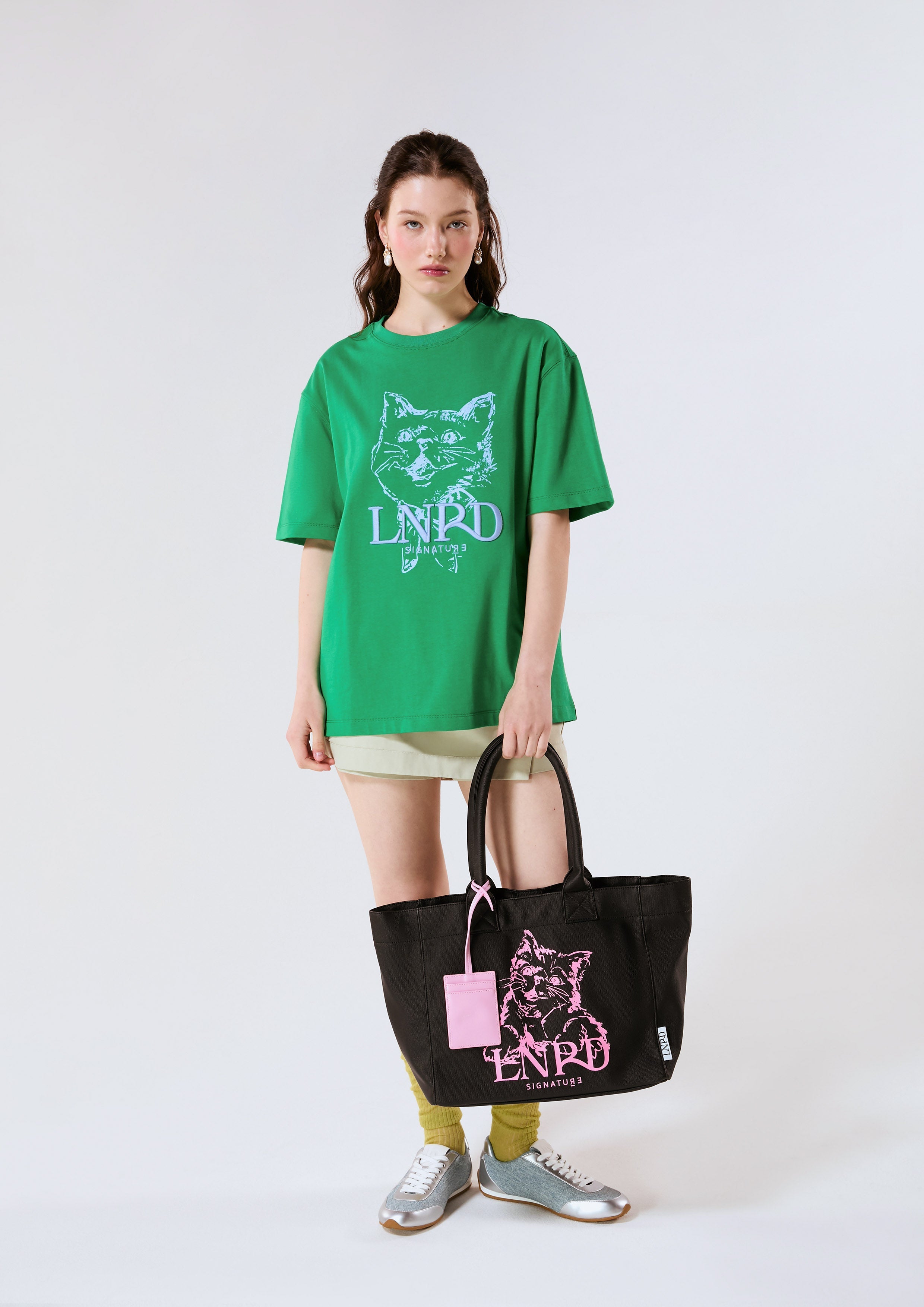 Tabby Cat Logo Oversized T-Shirt Signature Green
