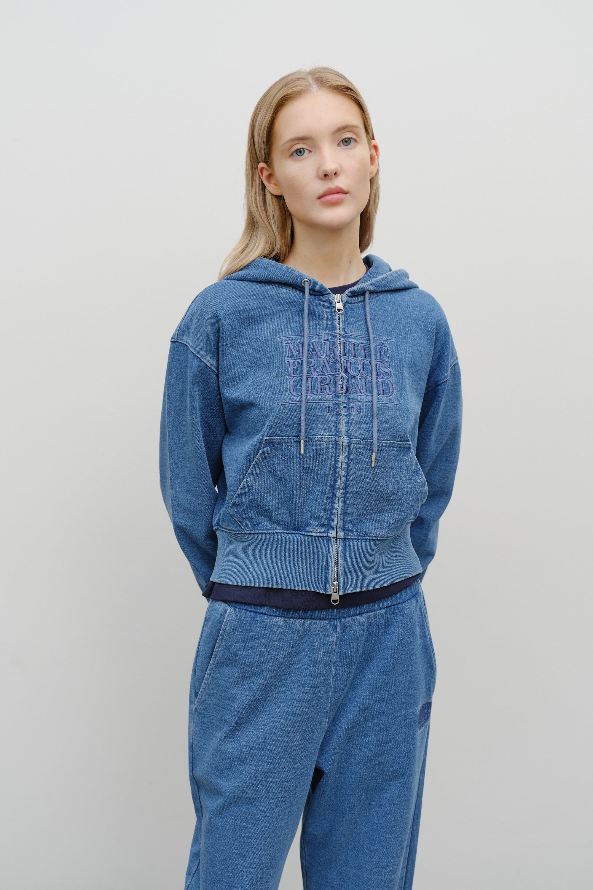 W Embro Cl Crop Hoodie Zipup Blue