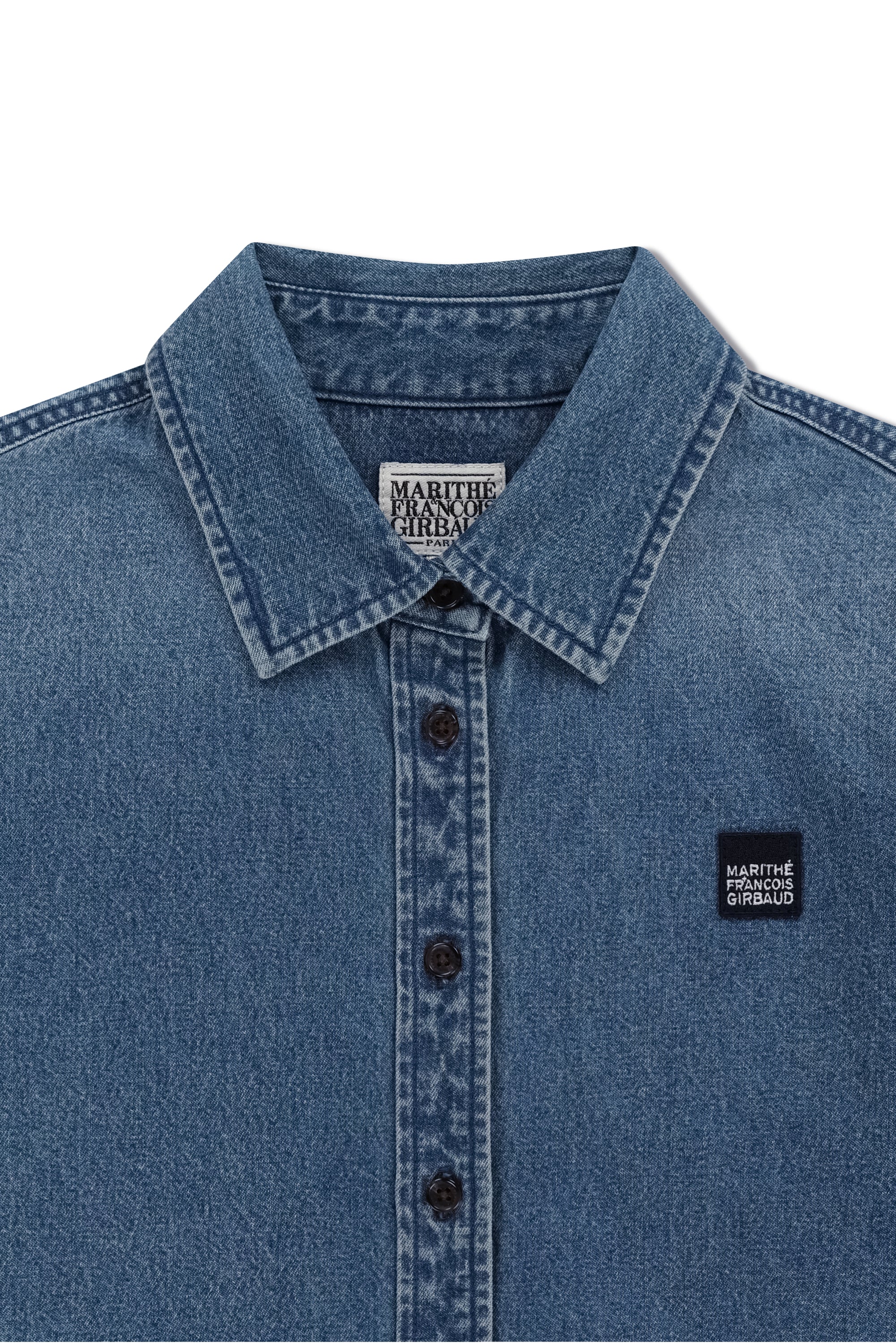 W Heritage Letter Logo Denim Crop Shirt Blue