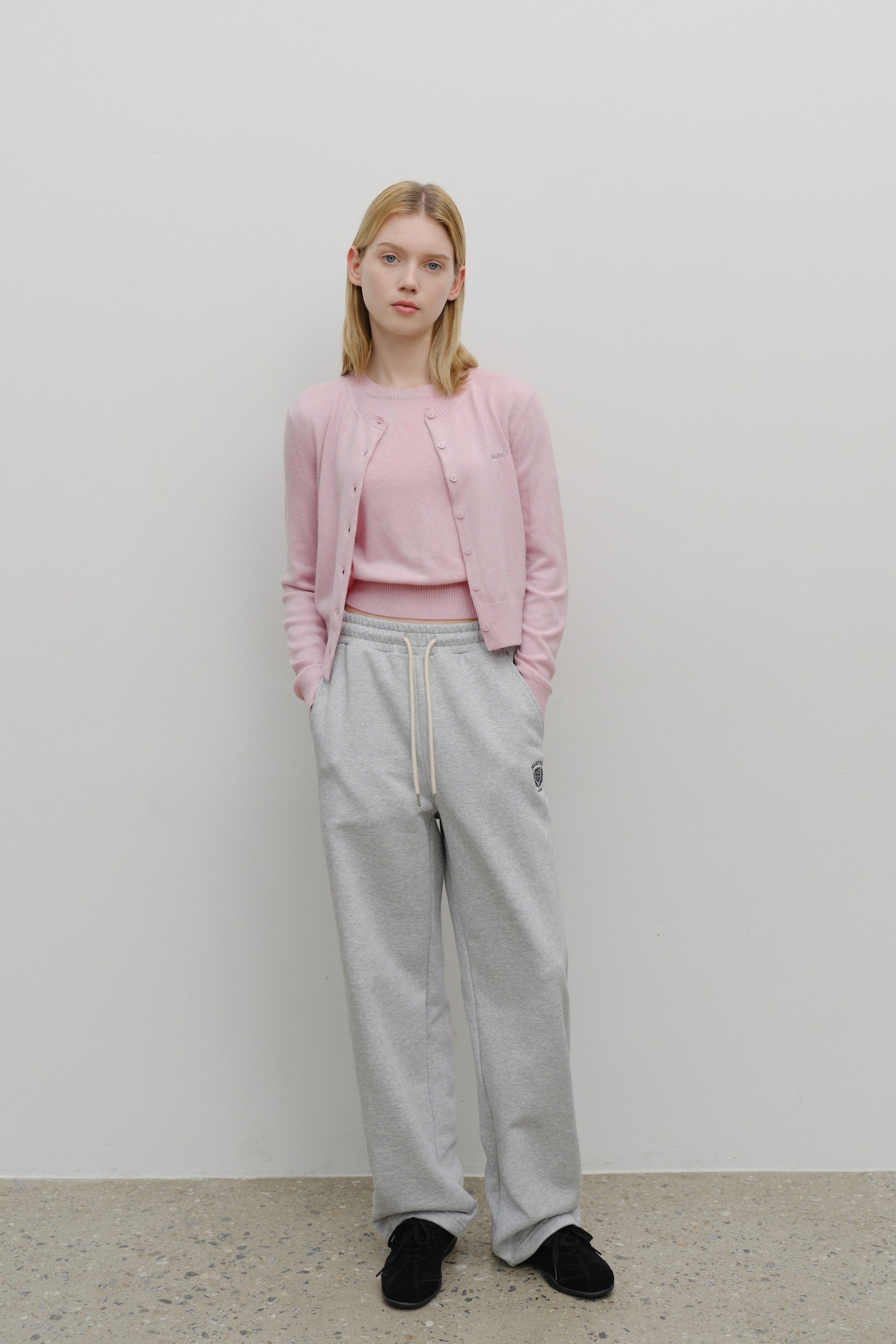 W Half Knit Round Neck Cardigan Set Up Pink