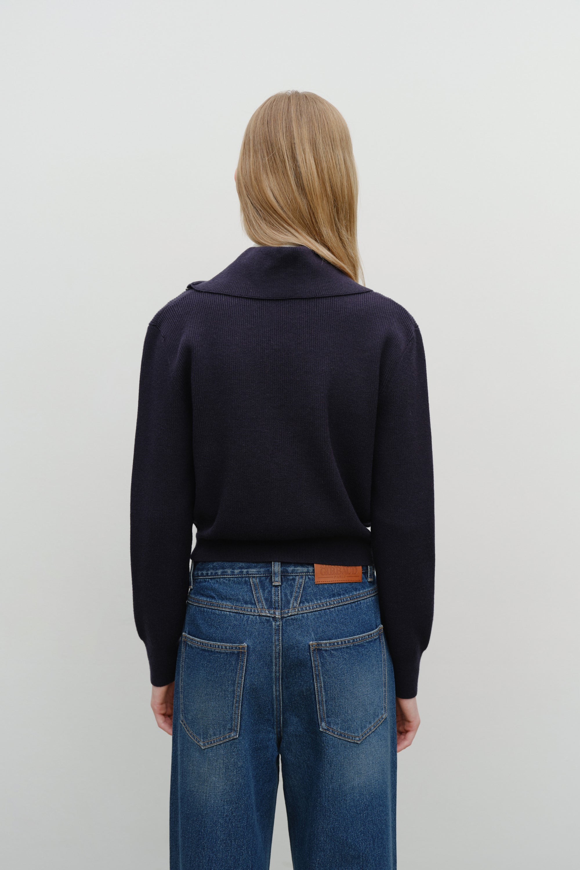 W Big Collar Zip-Up Cardigan Navy