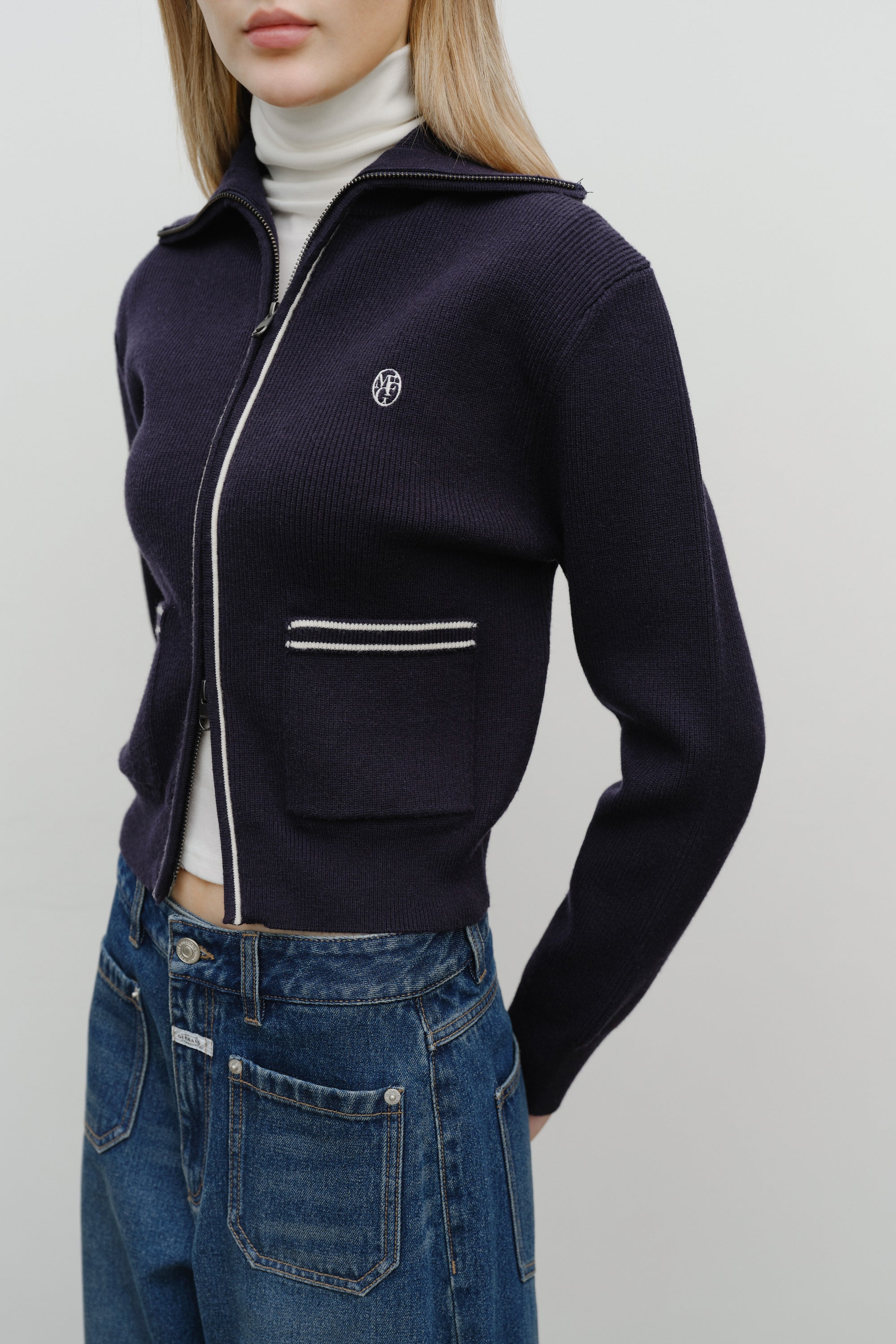 W Big Collar Zip-Up Cardigan Navy