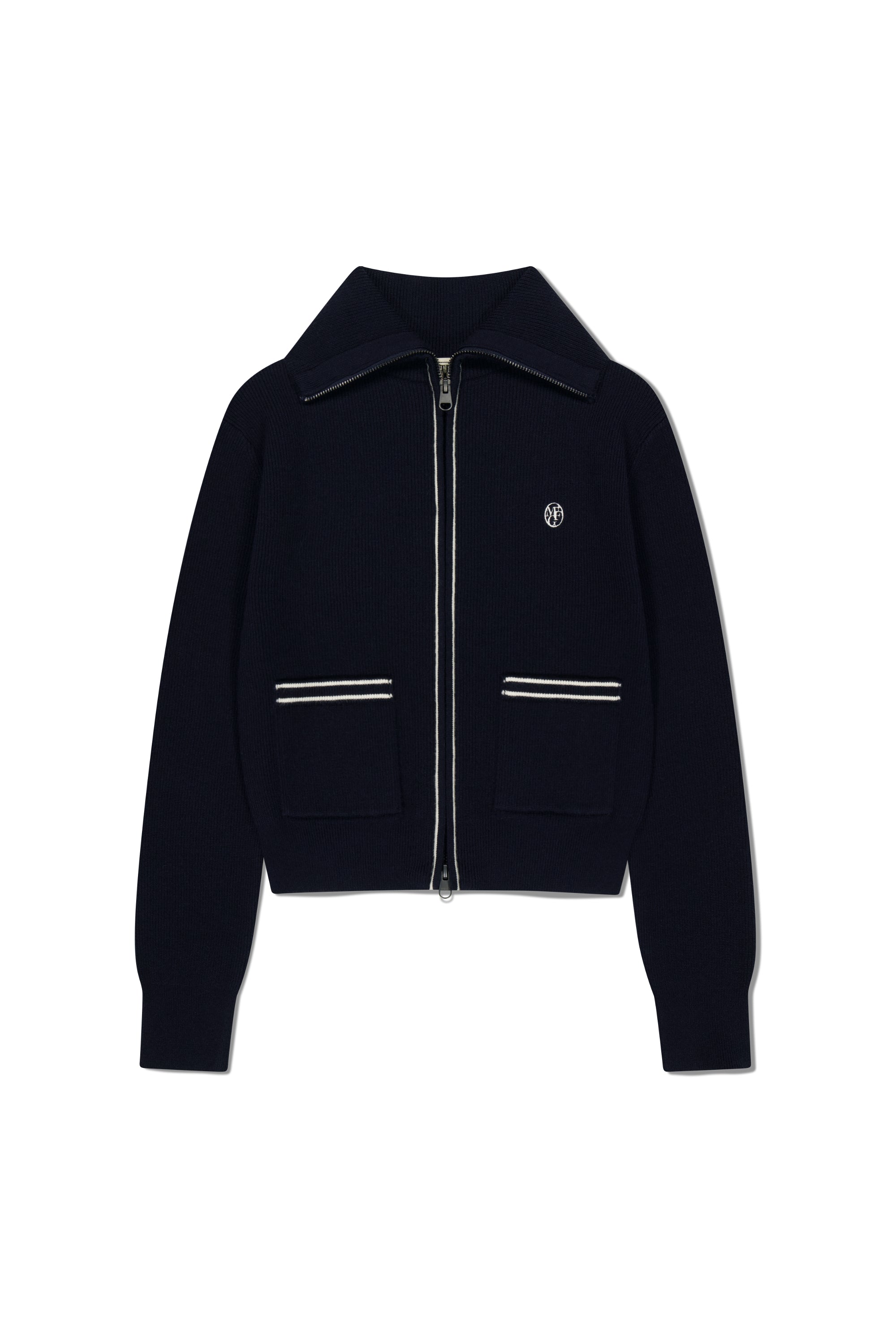 W Big Collar Zip-Up Cardigan Navy