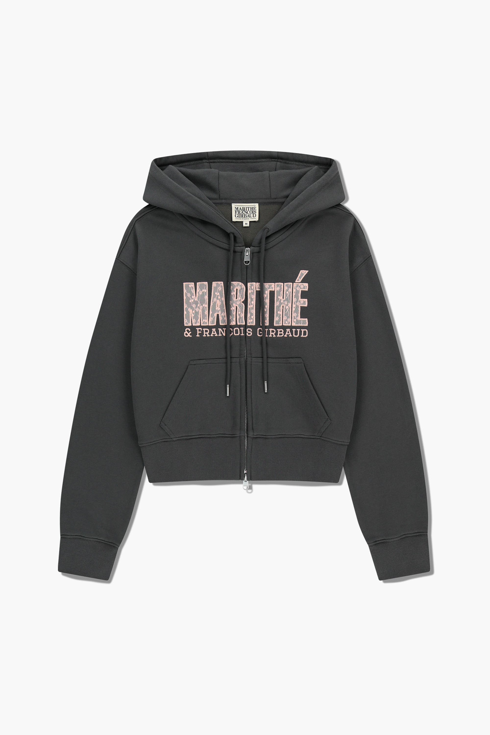 W Lace Applique Crop Hoodie Zipup Charcoal