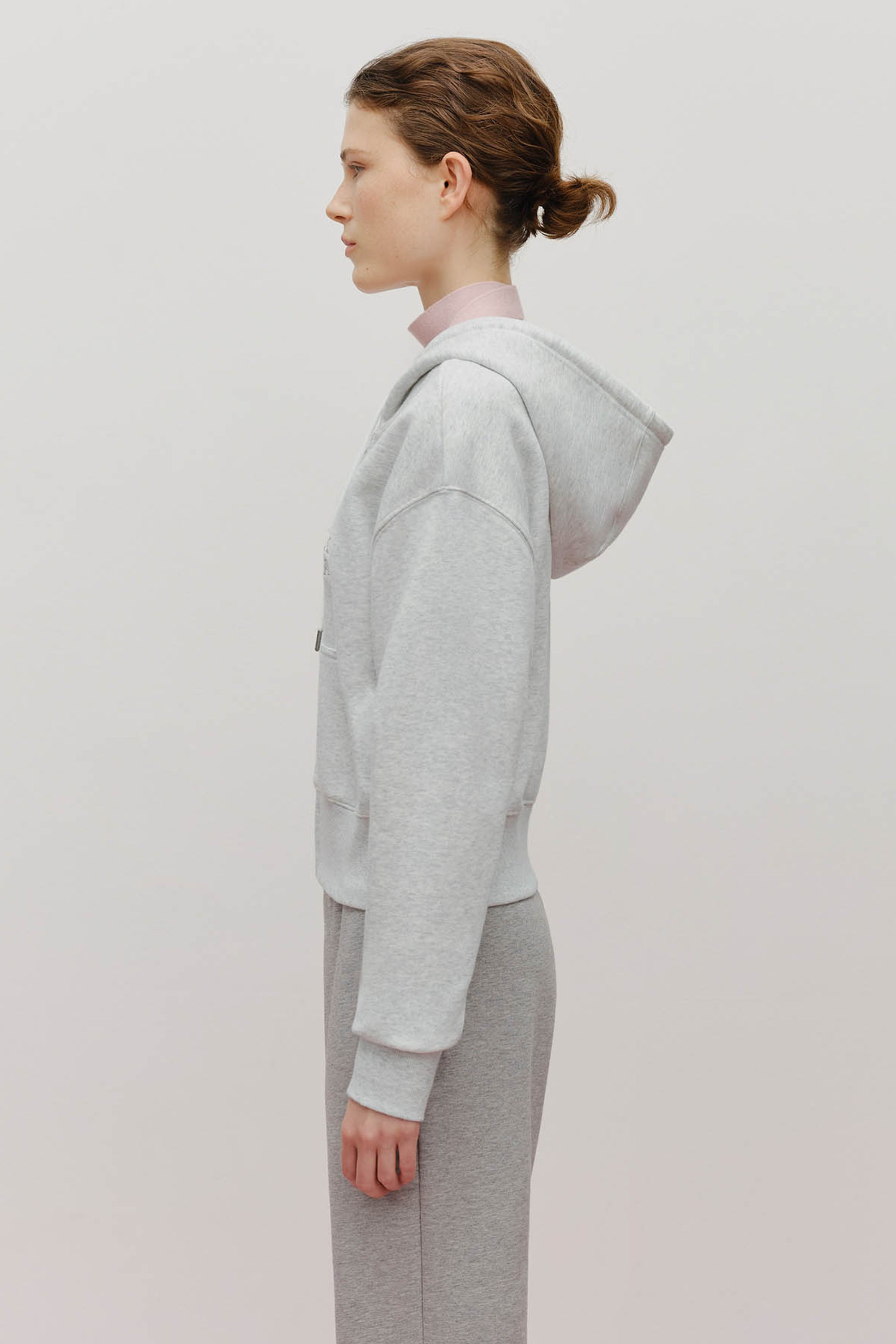 W Lace Applique Crop Hoodie Zipup Light Heather Gray