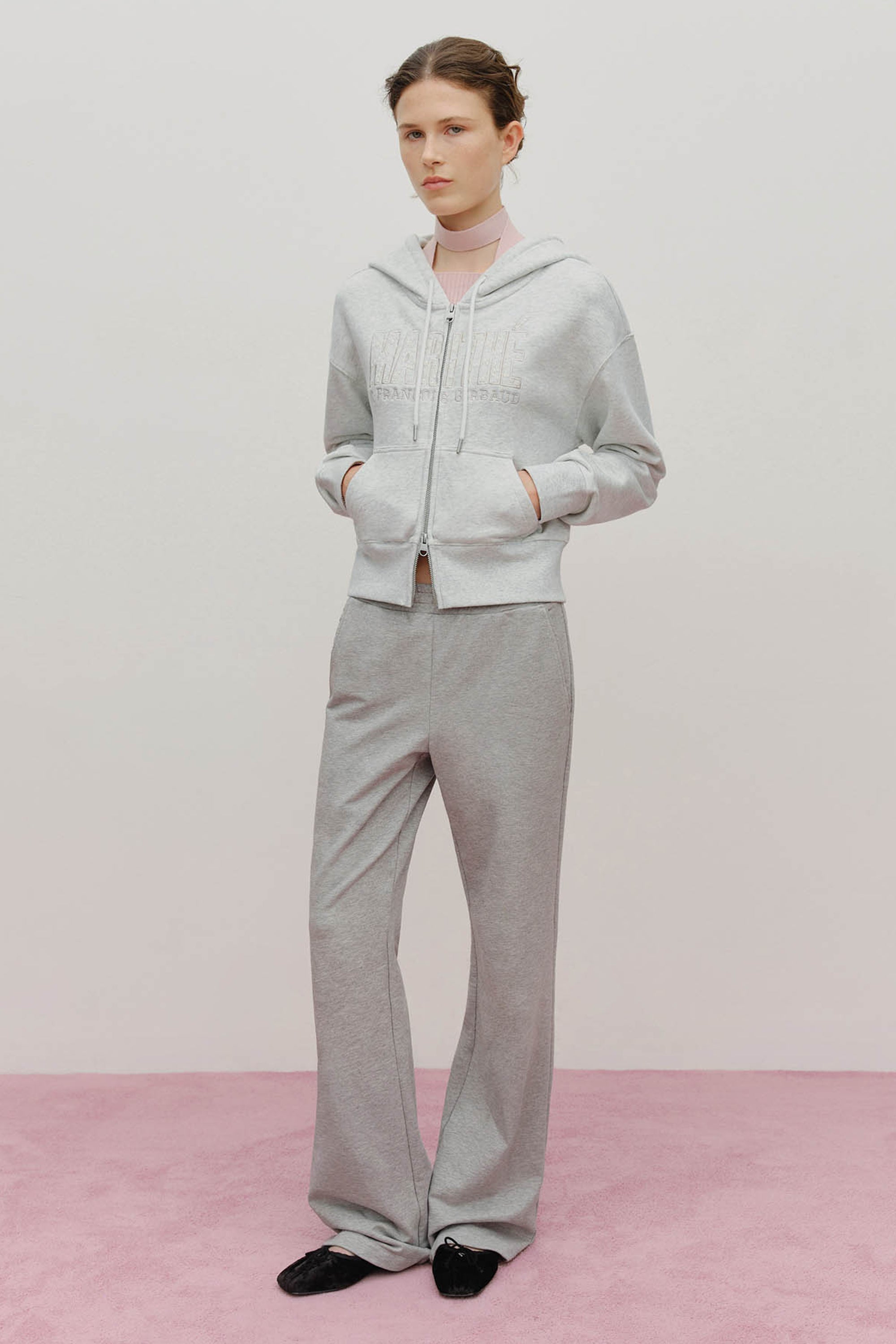 W Lace Applique Crop Hoodie Zipup Light Heather Gray