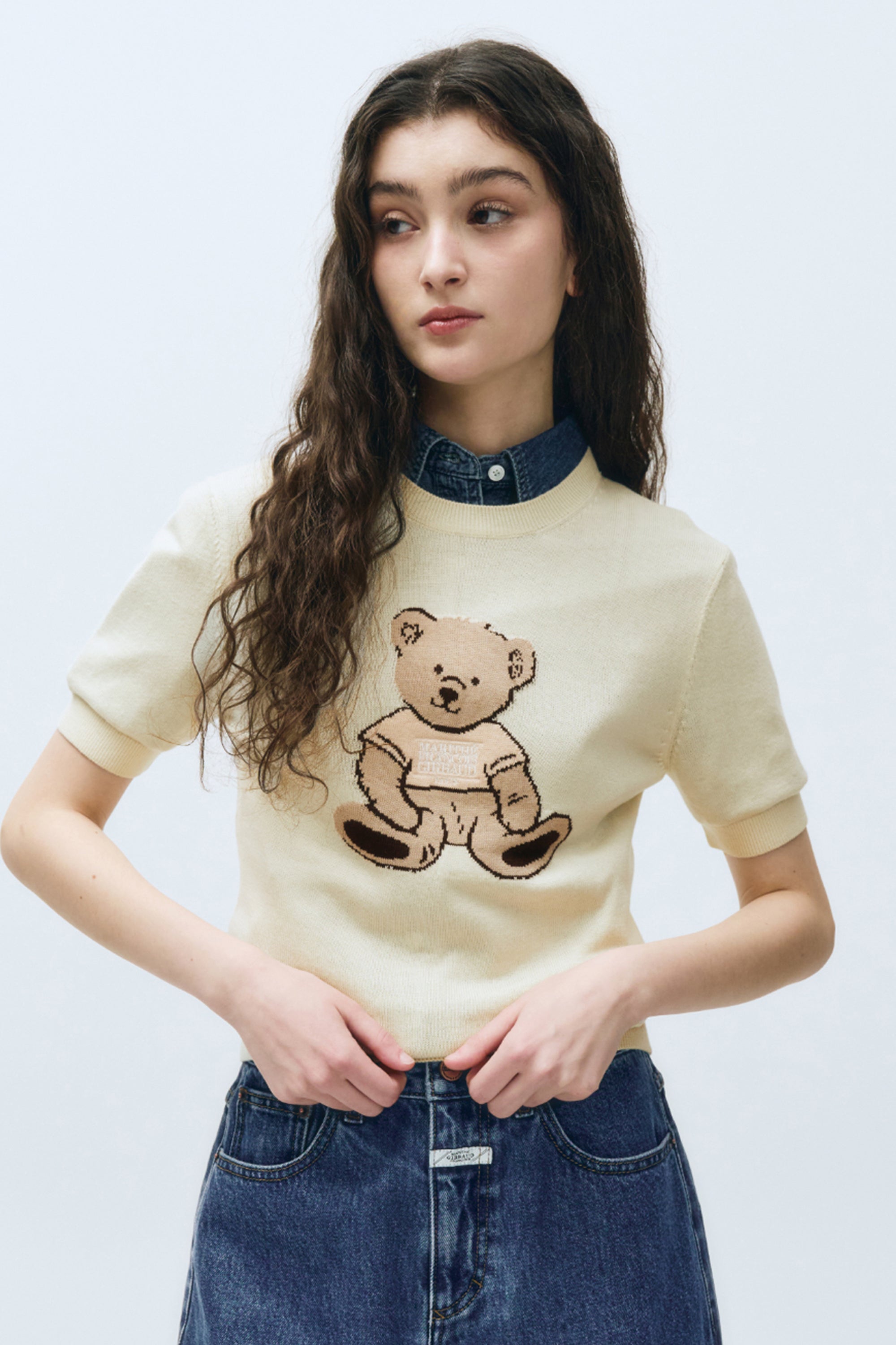 W Doodle Bear Half Knit Ivory