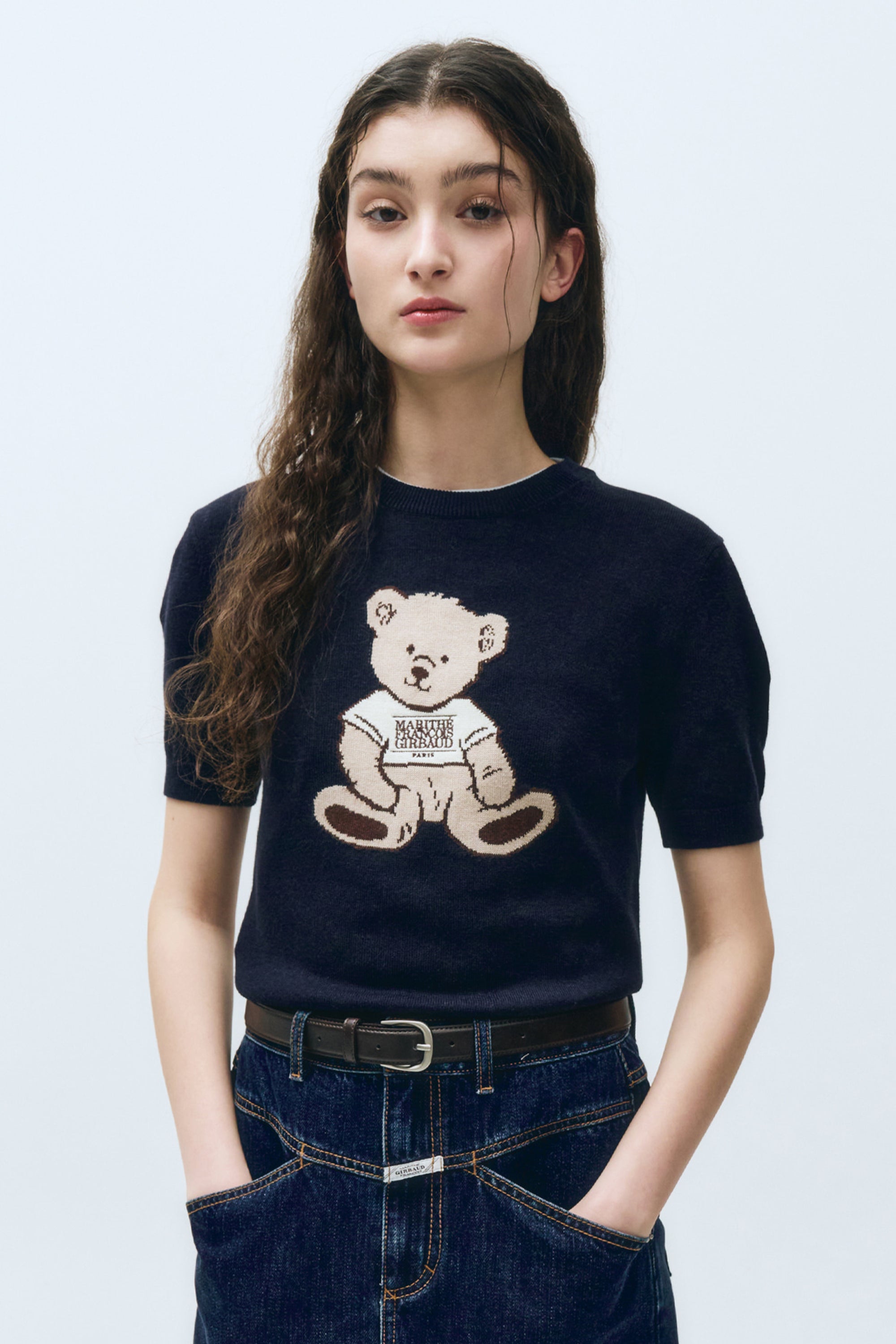 W Doodle Bear Half Knit Navy