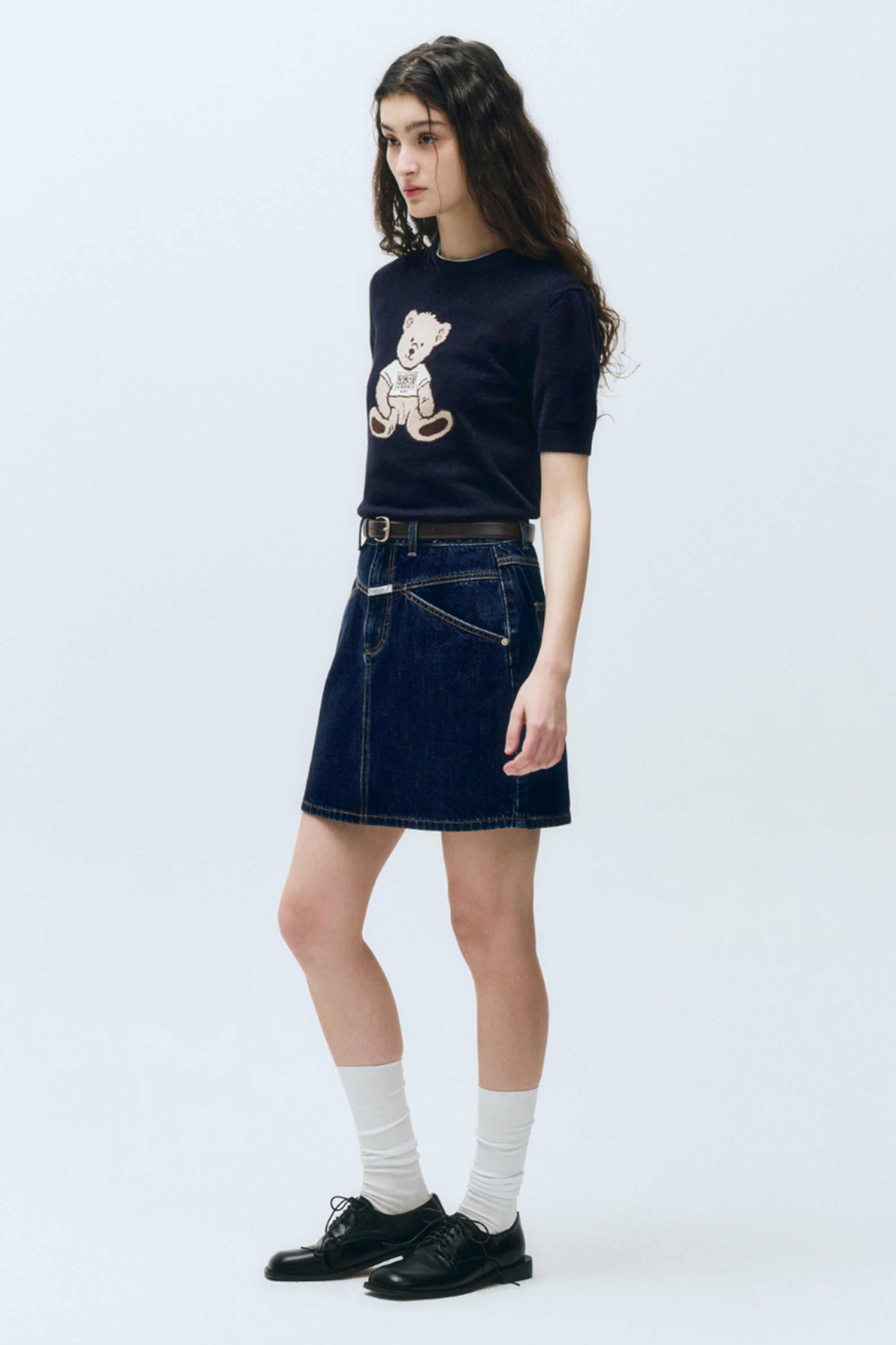 W Doodle Bear Half Knit Navy