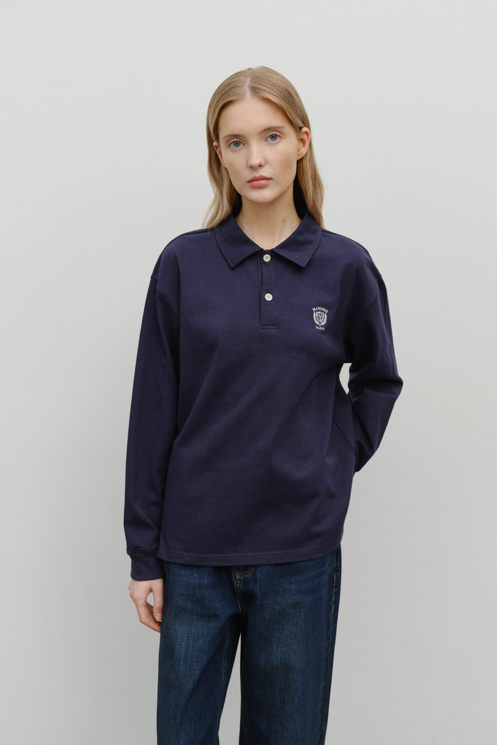 Crest Logo Jersey Polo Long Sleeve Navy