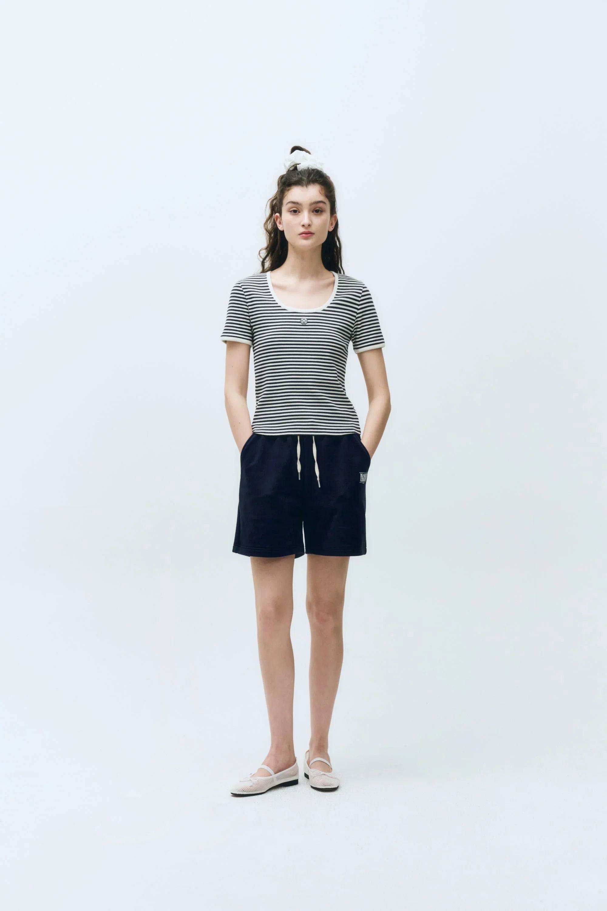 W Deep Neck Ringer Tee Navy