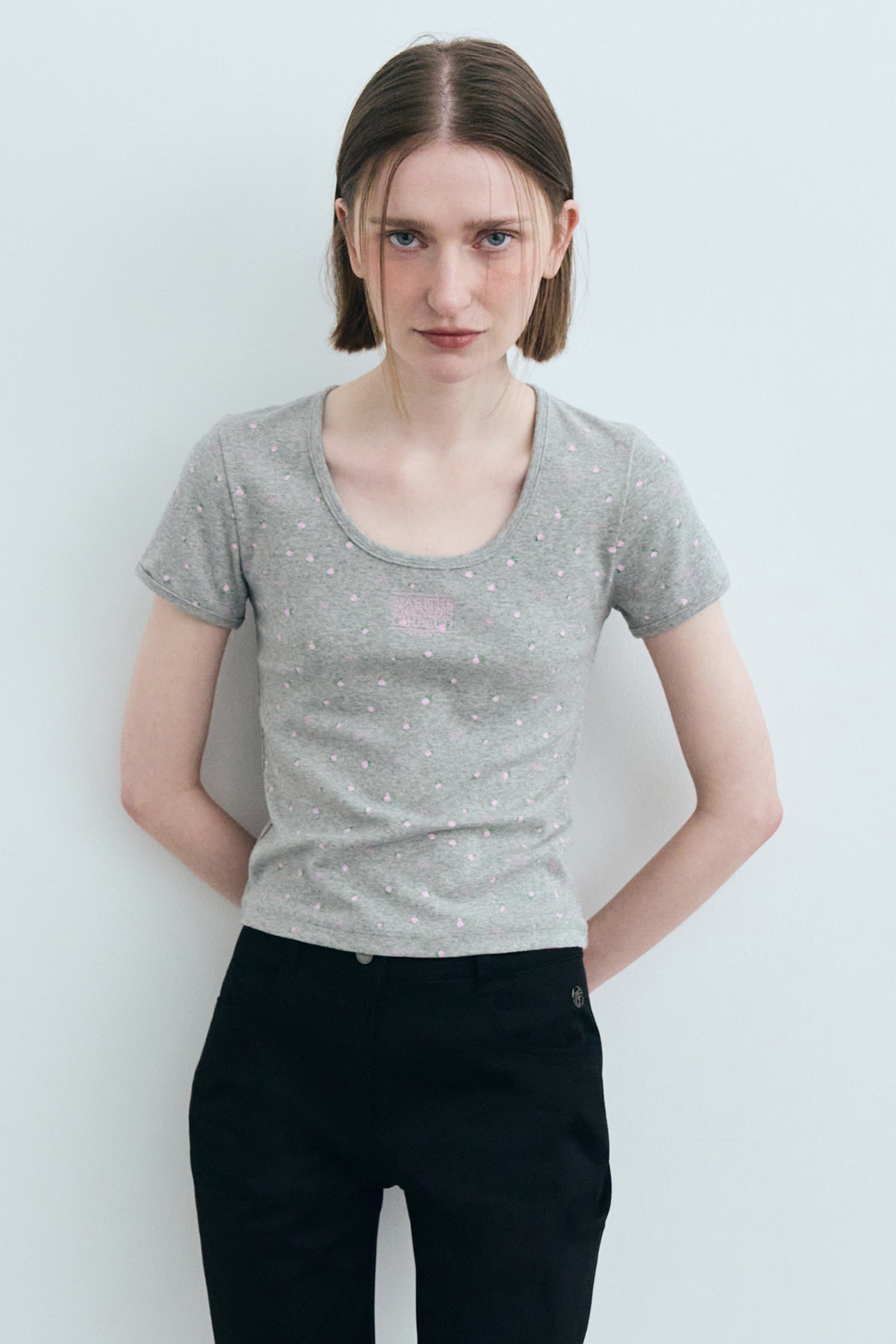 W Flower Short Sleeve Tee Melange Gray