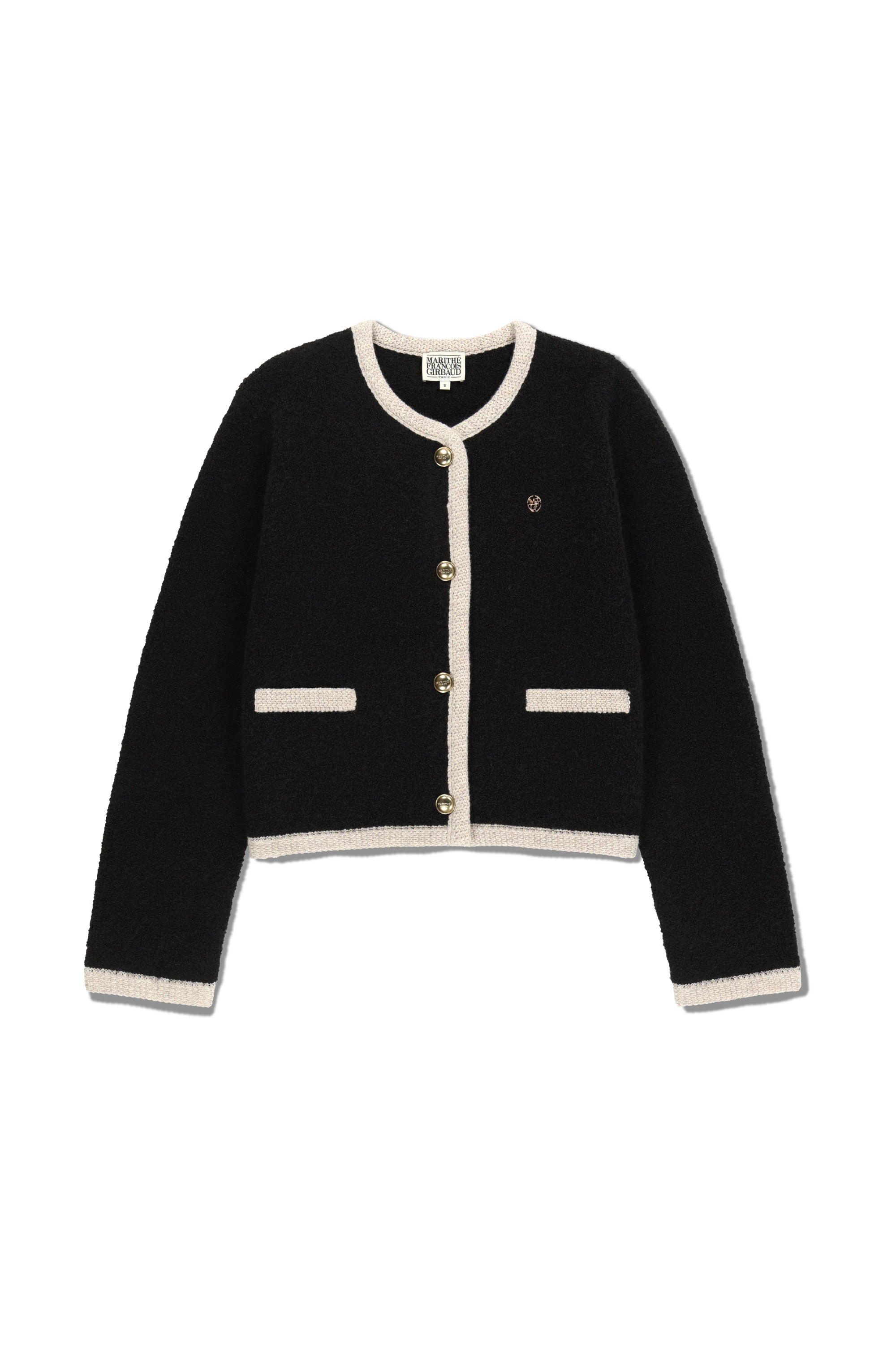 W Boucle Knit Round Neck Cardigan Black