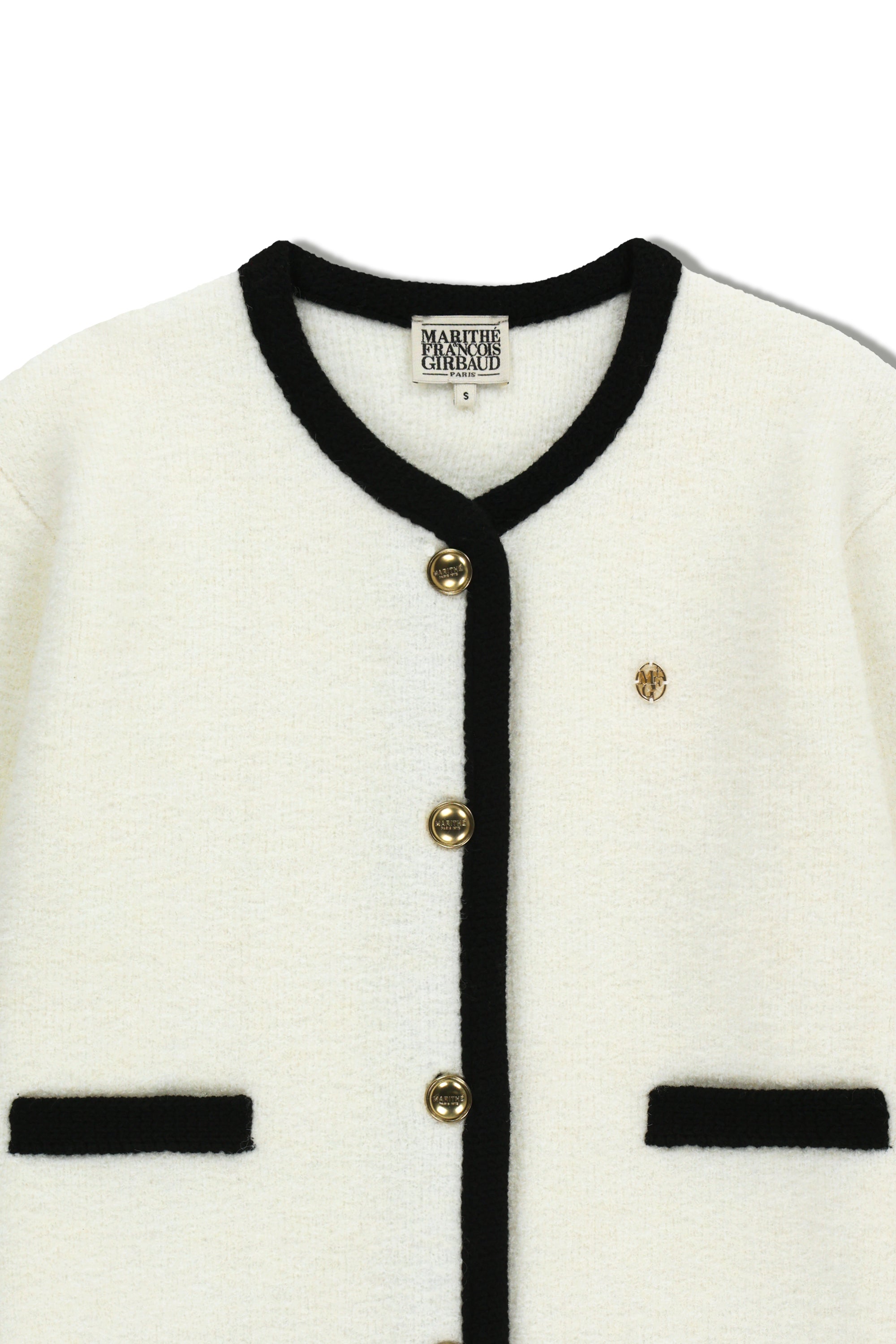 W Boucle Knit Round Neck Cardigan Ivory