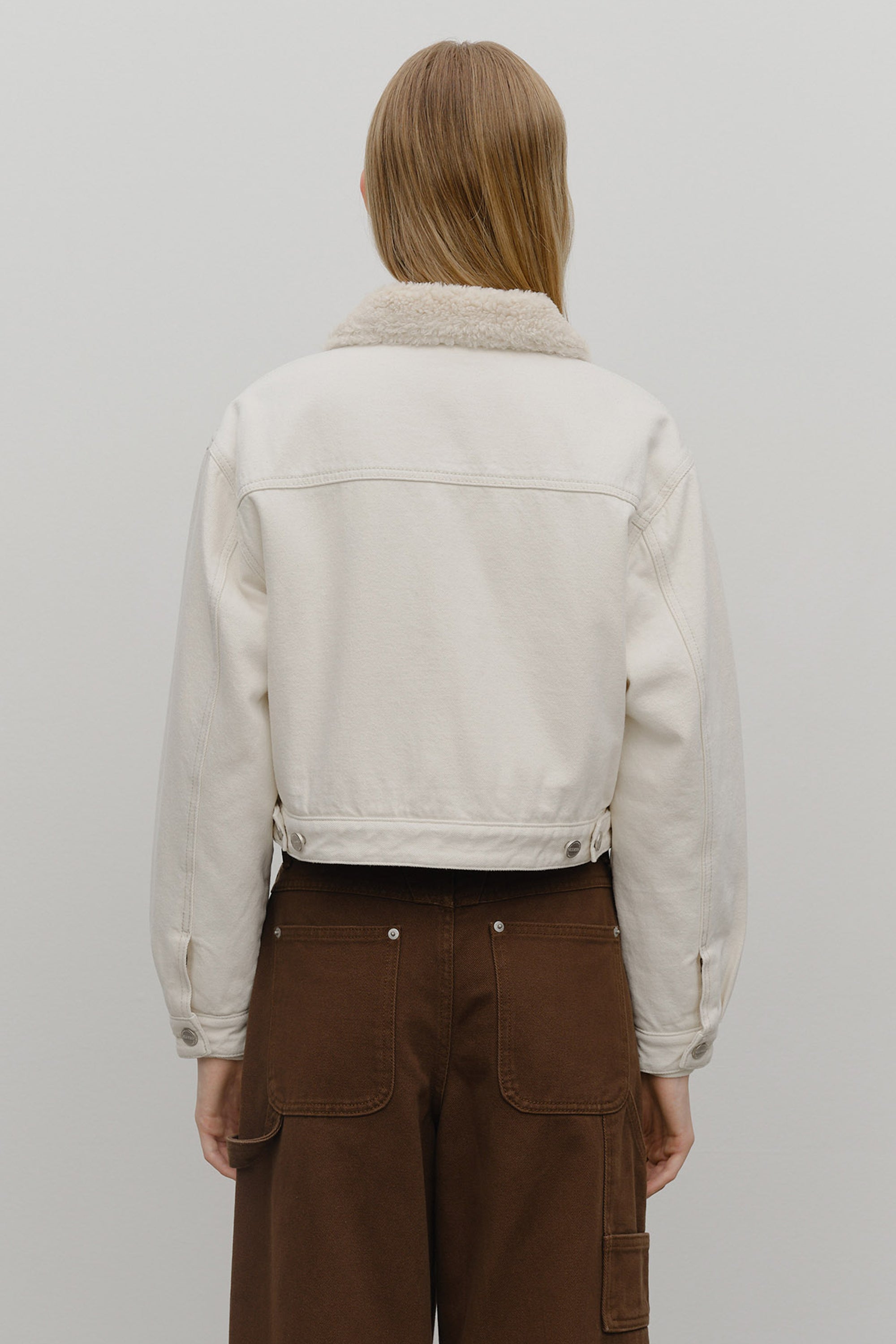 W Crop Shearling Denim Jacket Ecru
