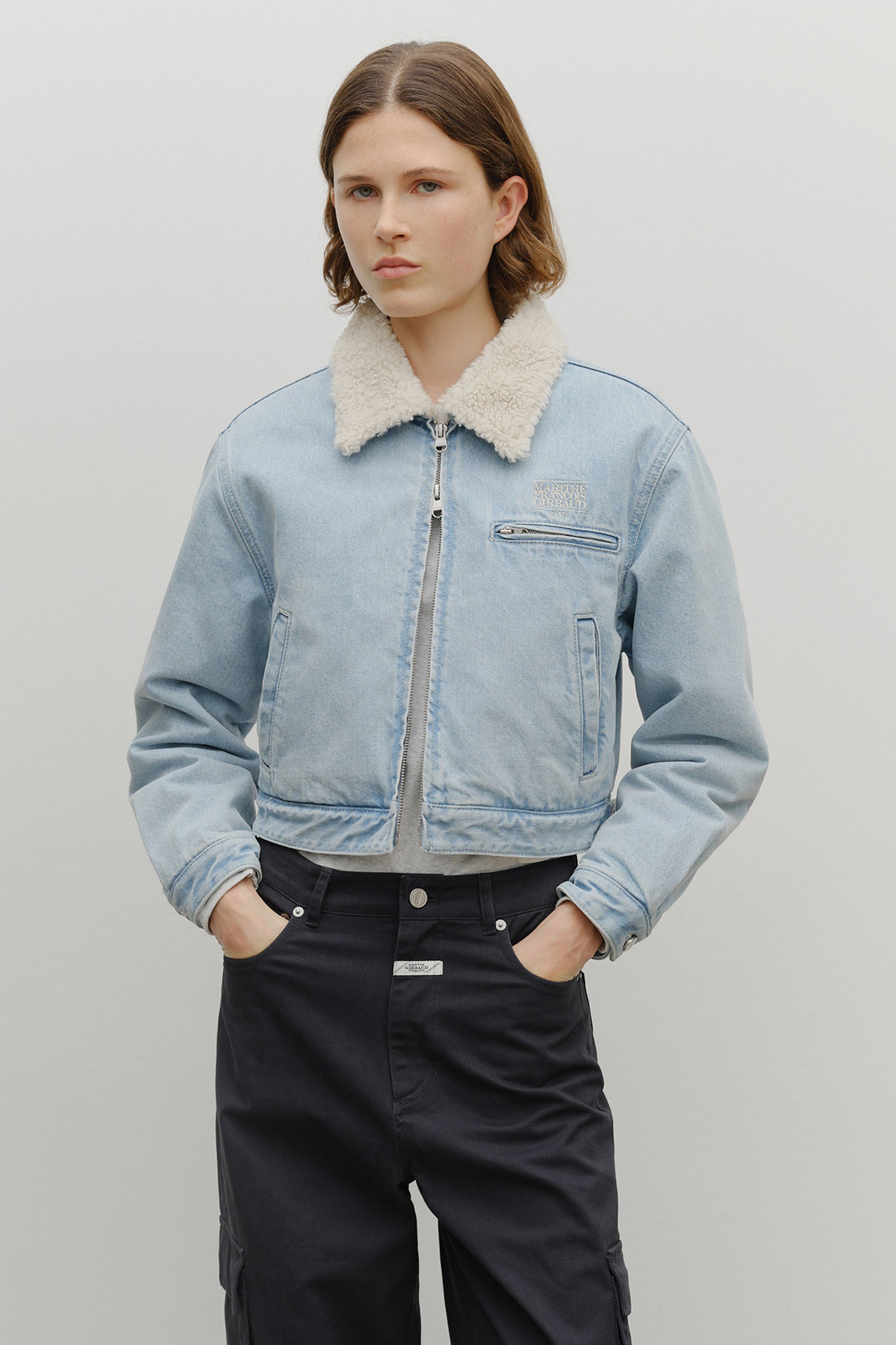 W Crop Shearling Denim Jacket Light Blue